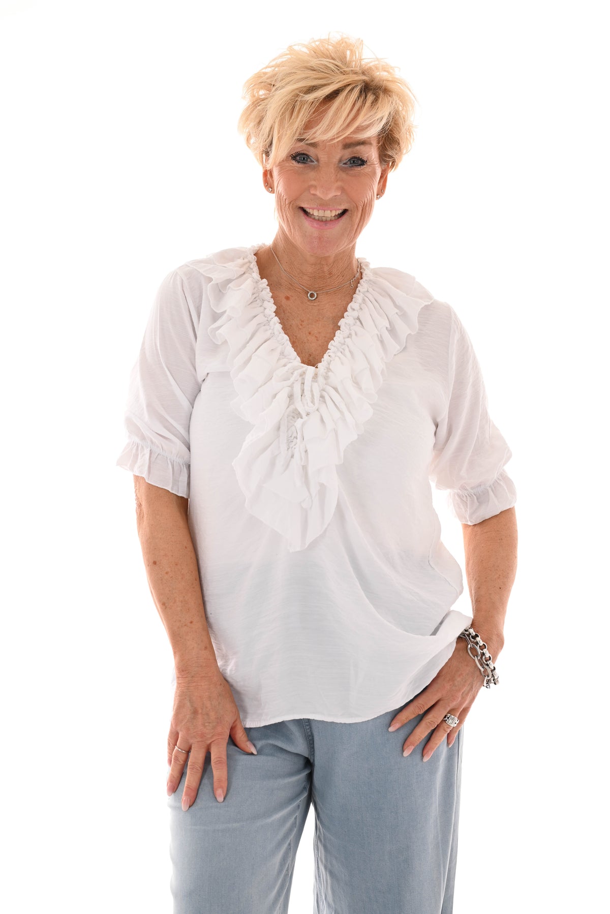 Blouse met roezels v-hals korte mouwen wit