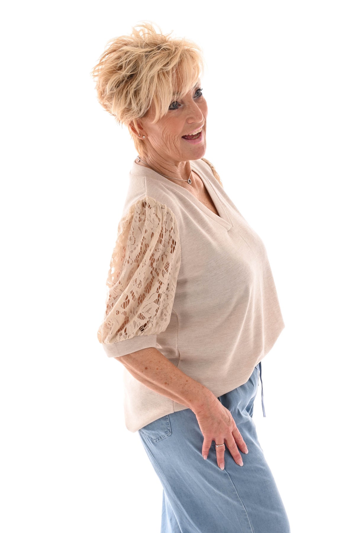 Shirt kanten korte mouwen beige