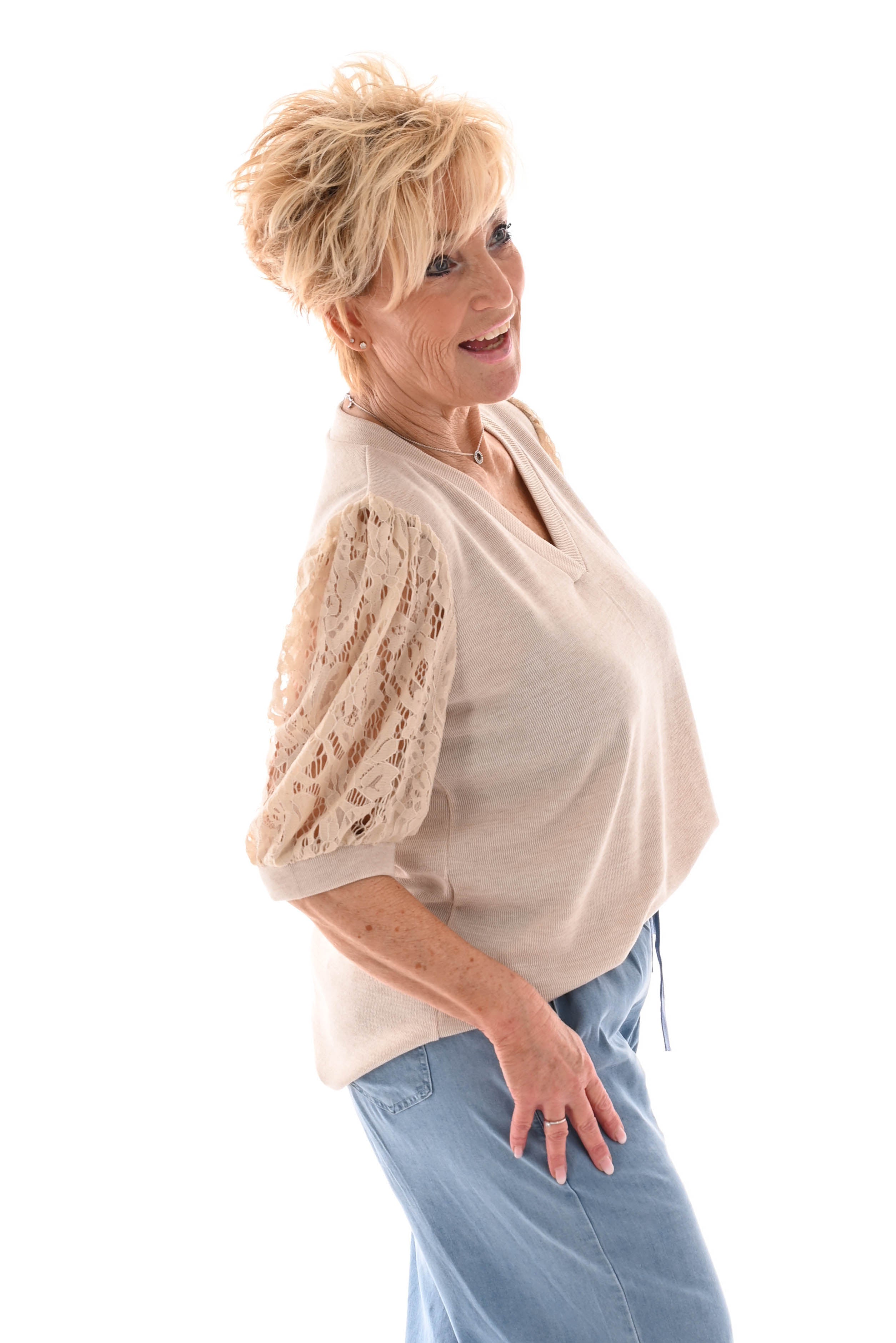 Shirt kanten korte mouwen beige