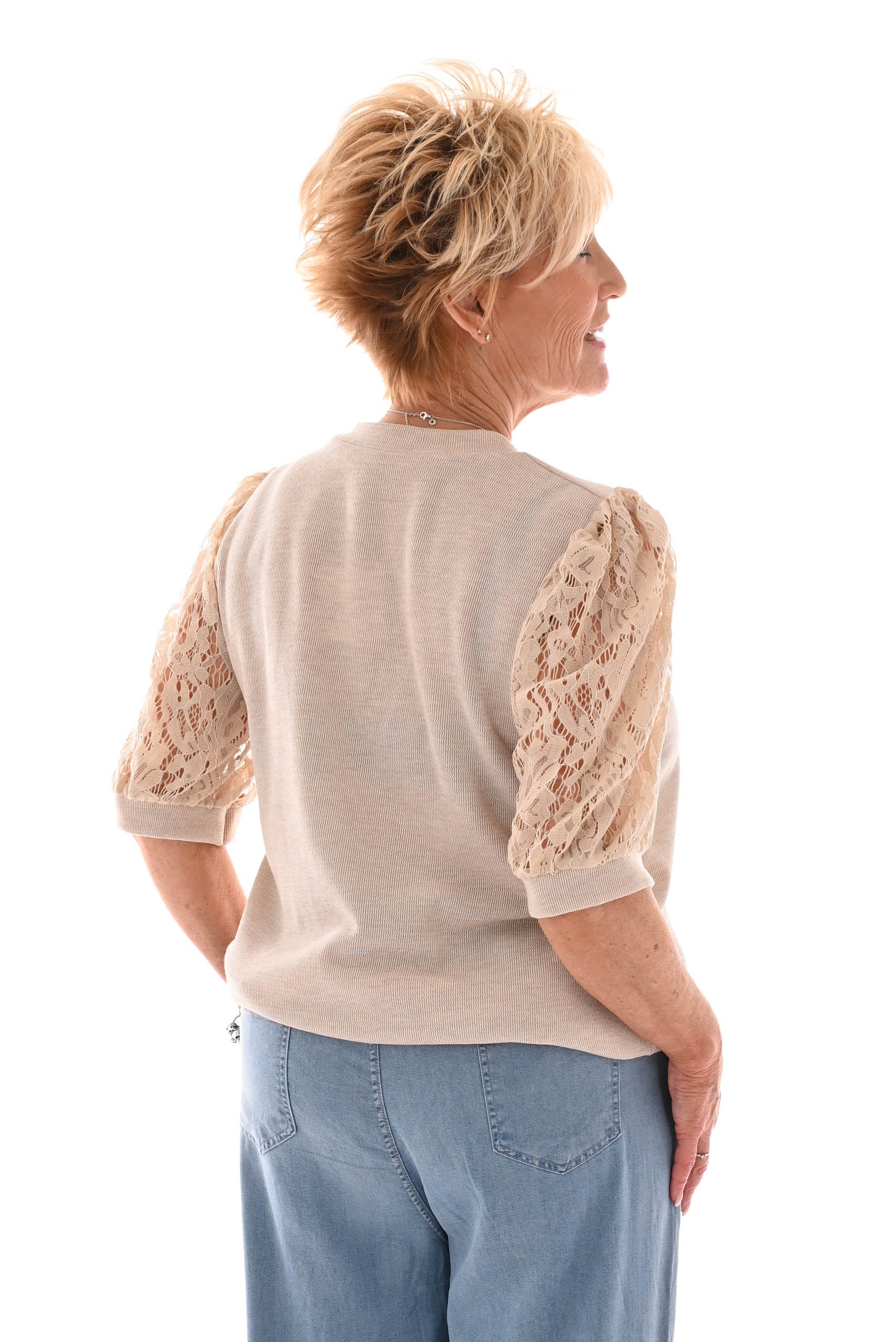 Shirt kanten korte mouwen beige