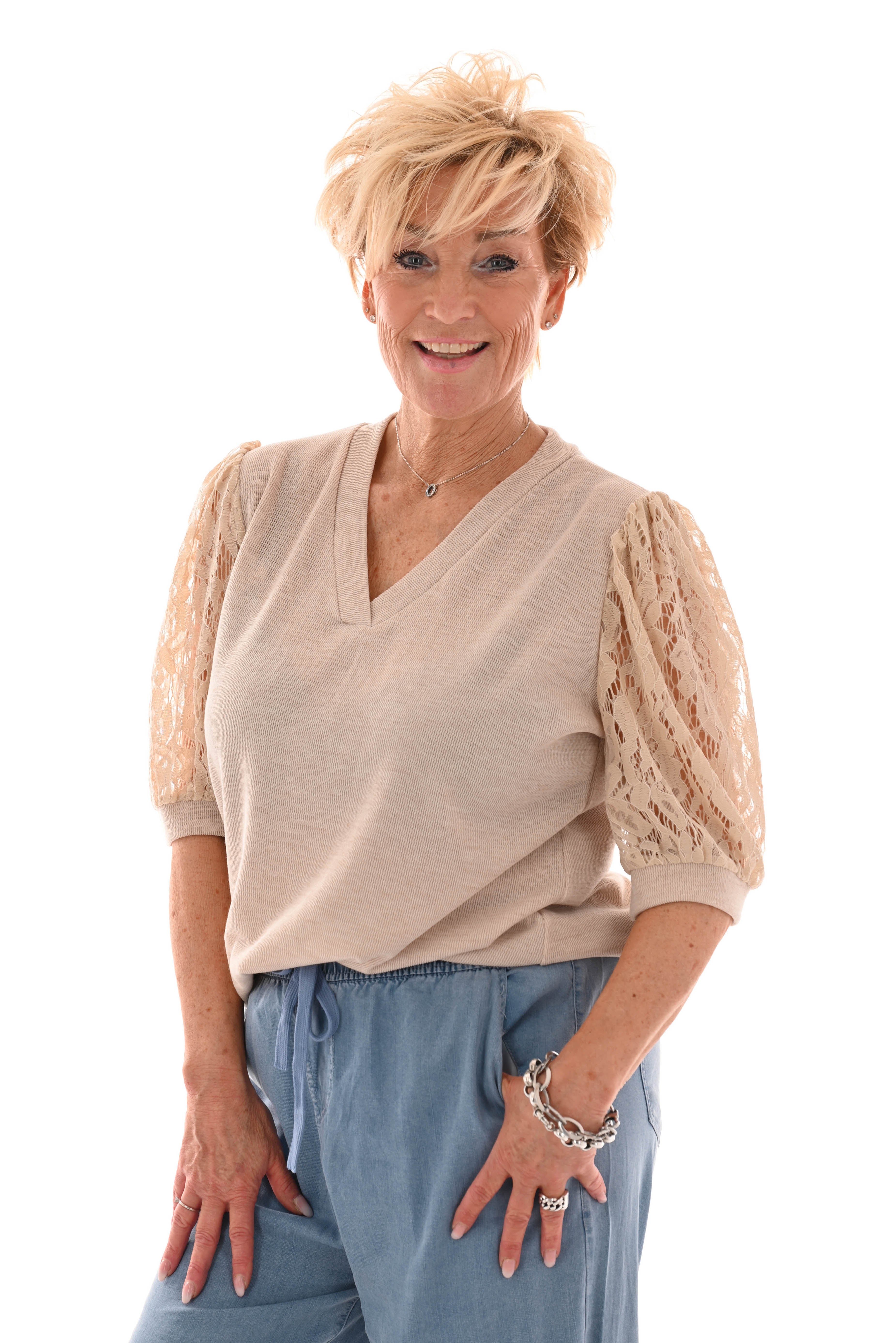 Shirt kanten korte mouwen beige
