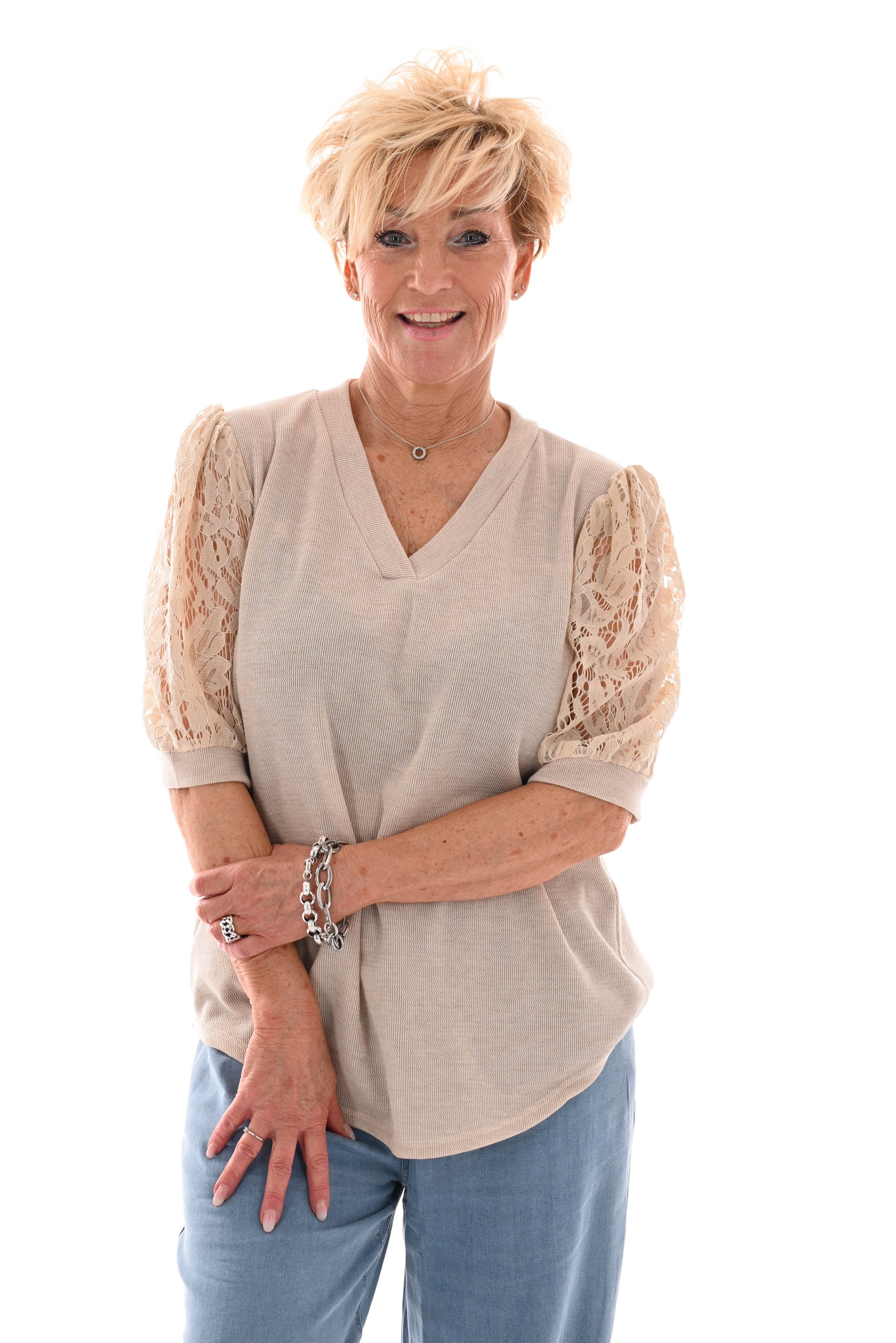 Shirt kanten korte mouwen beige