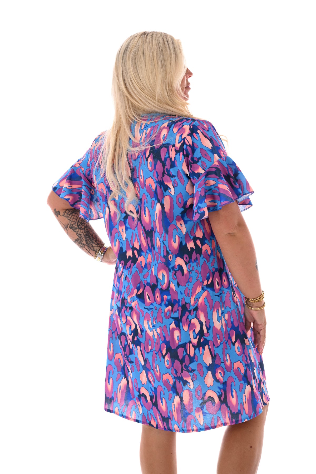 Jurk v-hals korte roezelmouwen print blauw/paars
