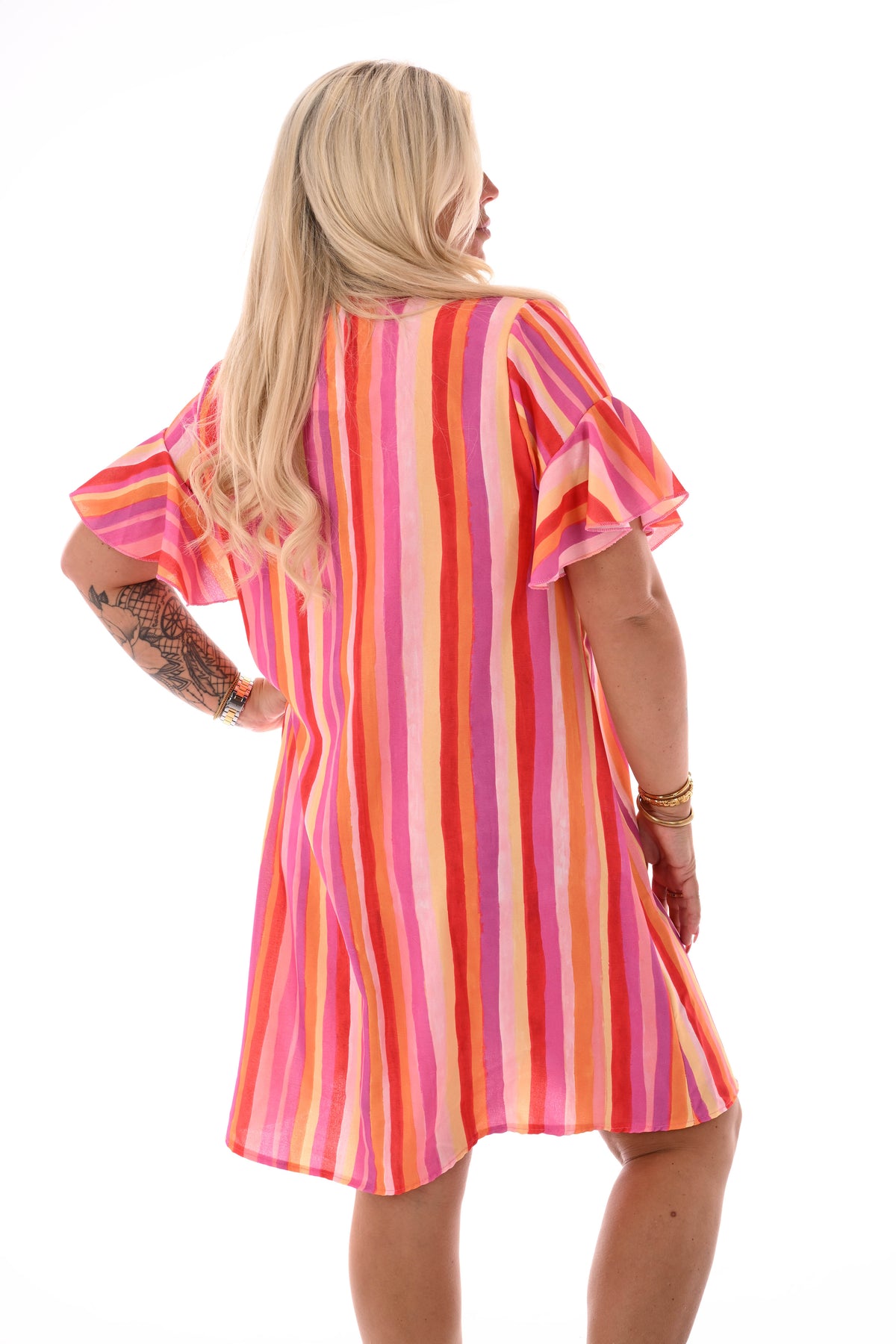 Jurk v-hals korte roezelmouwen print roze/oranje