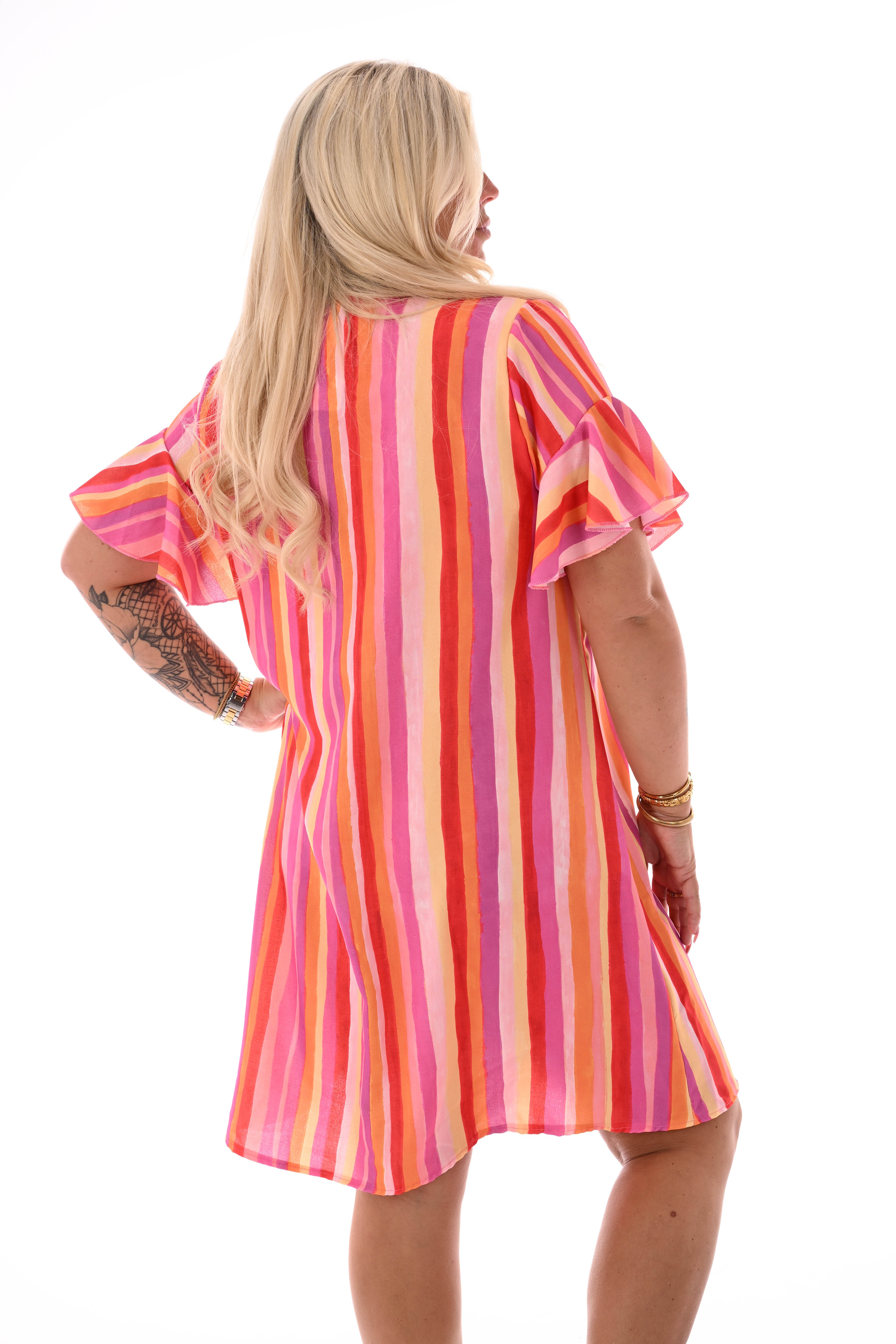 Jurk v-hals korte roezelmouwen print roze/oranje