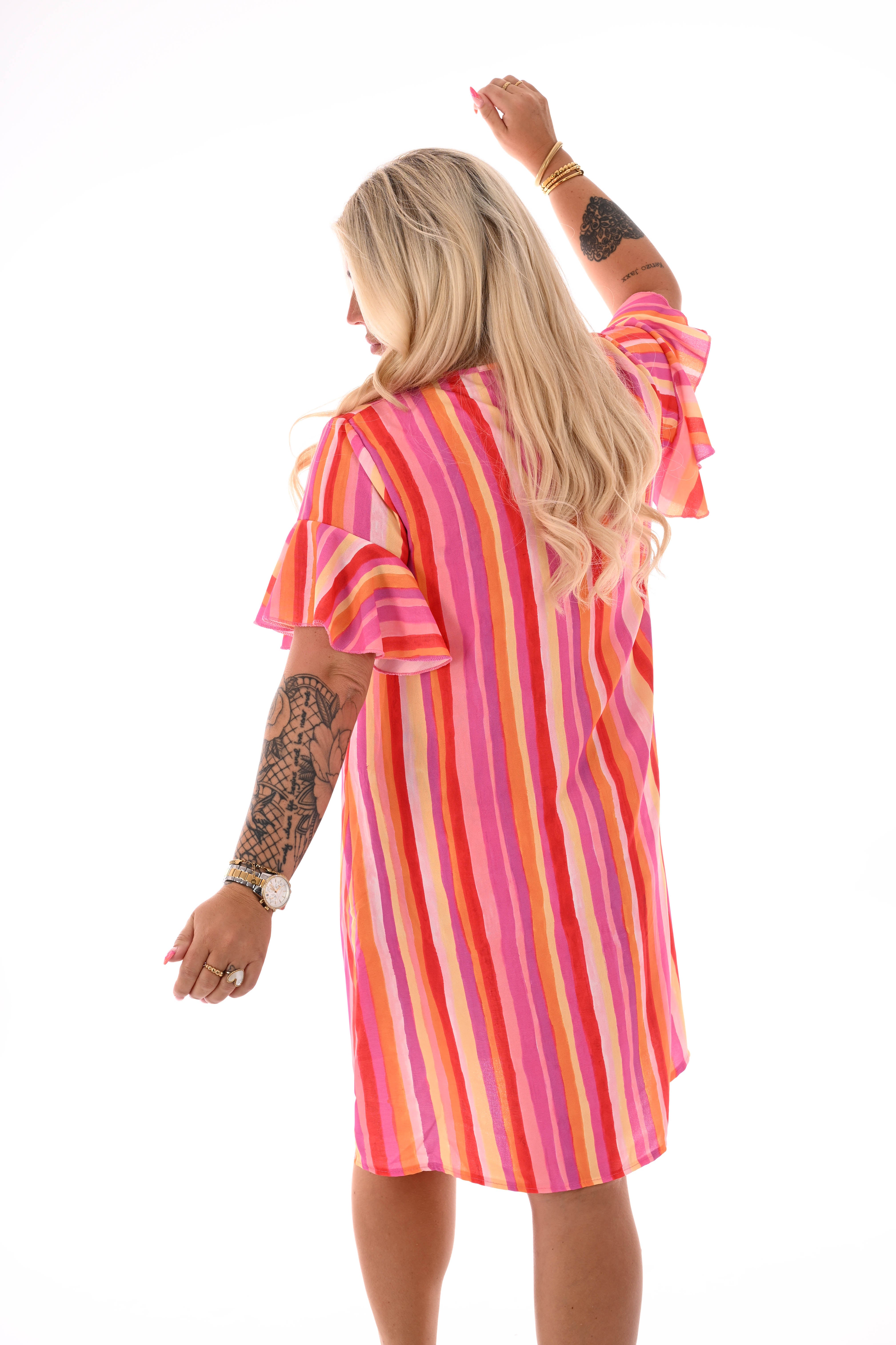 Jurk v-hals korte roezelmouwen print roze/oranje