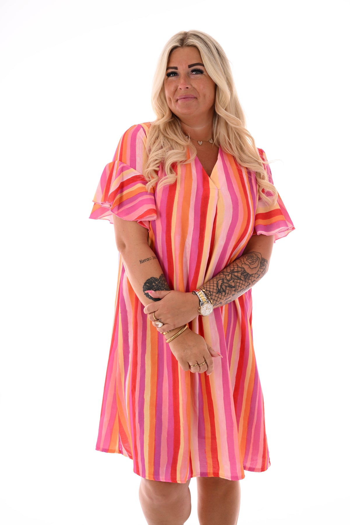 Jurk v-hals korte roezelmouwen print roze/oranje