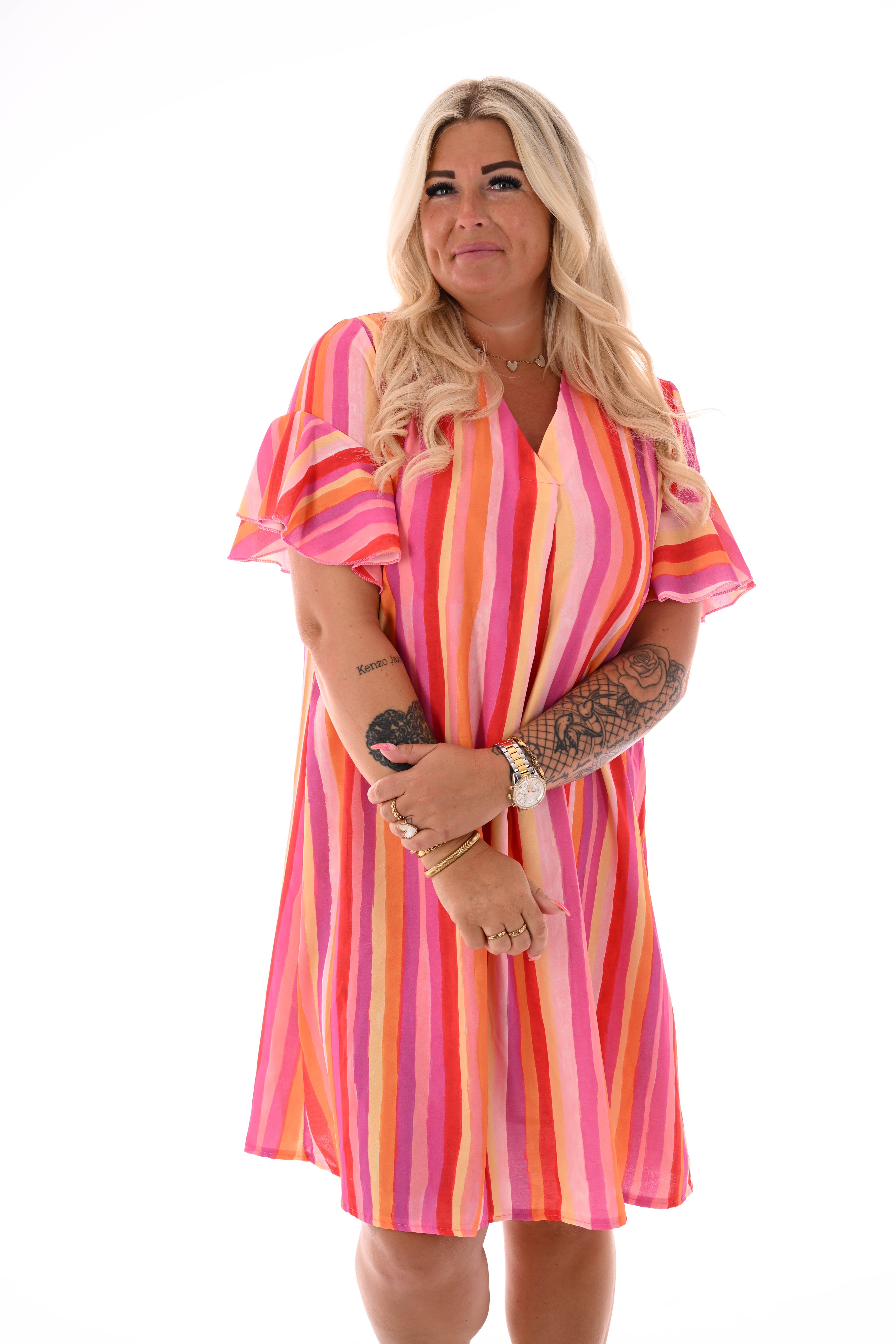 Jurk v-hals korte roezelmouwen print roze/oranje