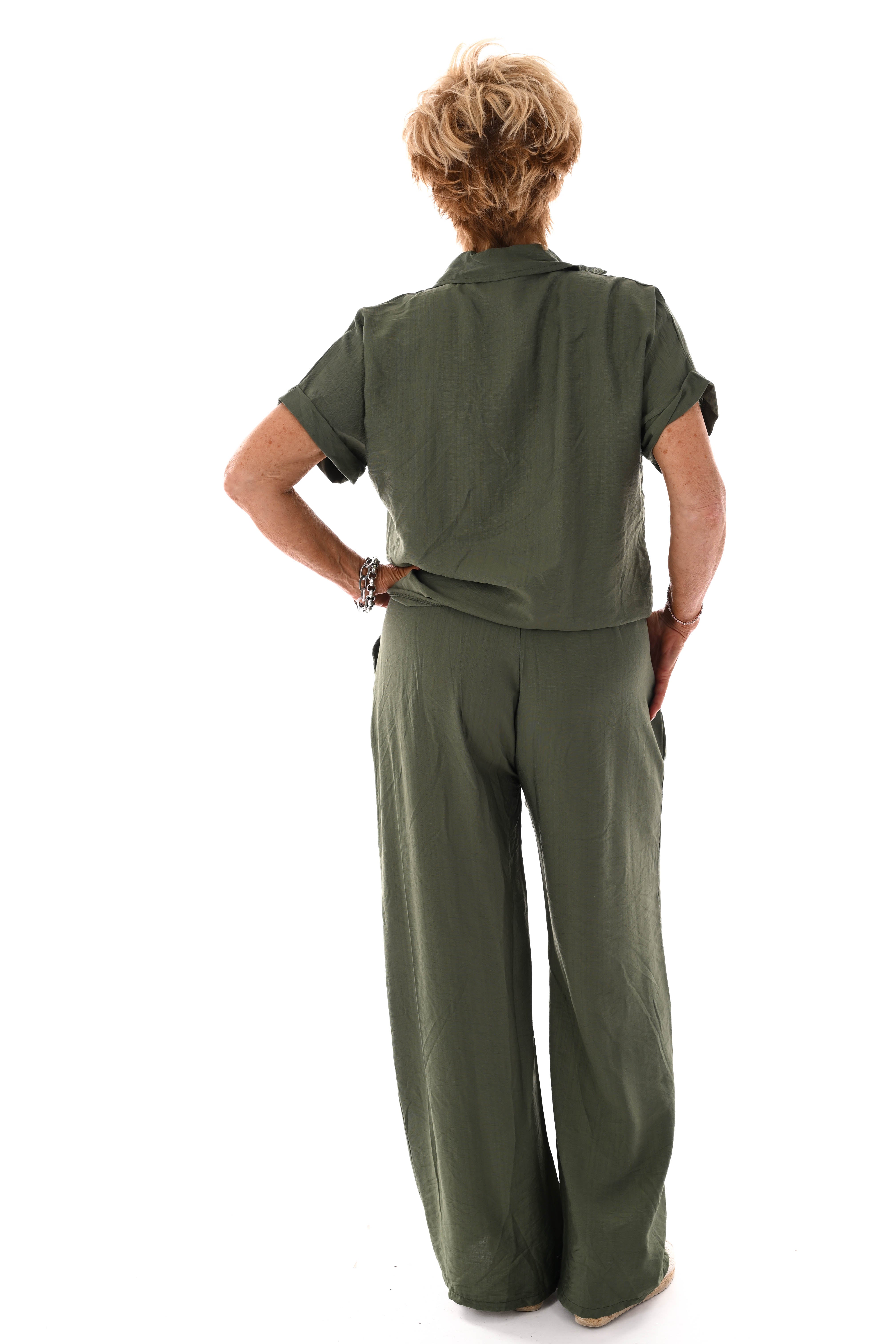 Tweedelig set doorknoop blouse olijfgroen
