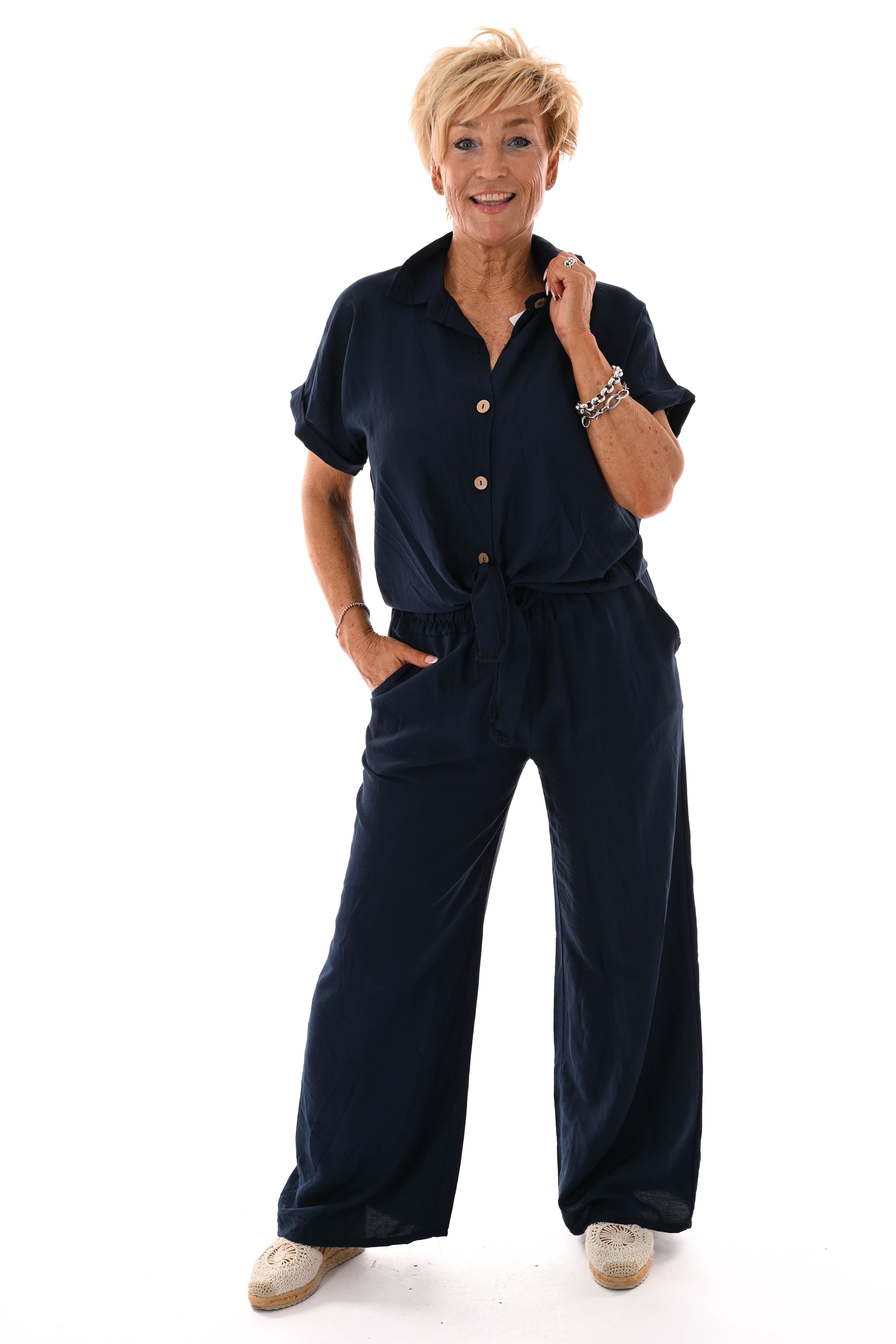 Tweedelig set doorknoop blouse marineblauw