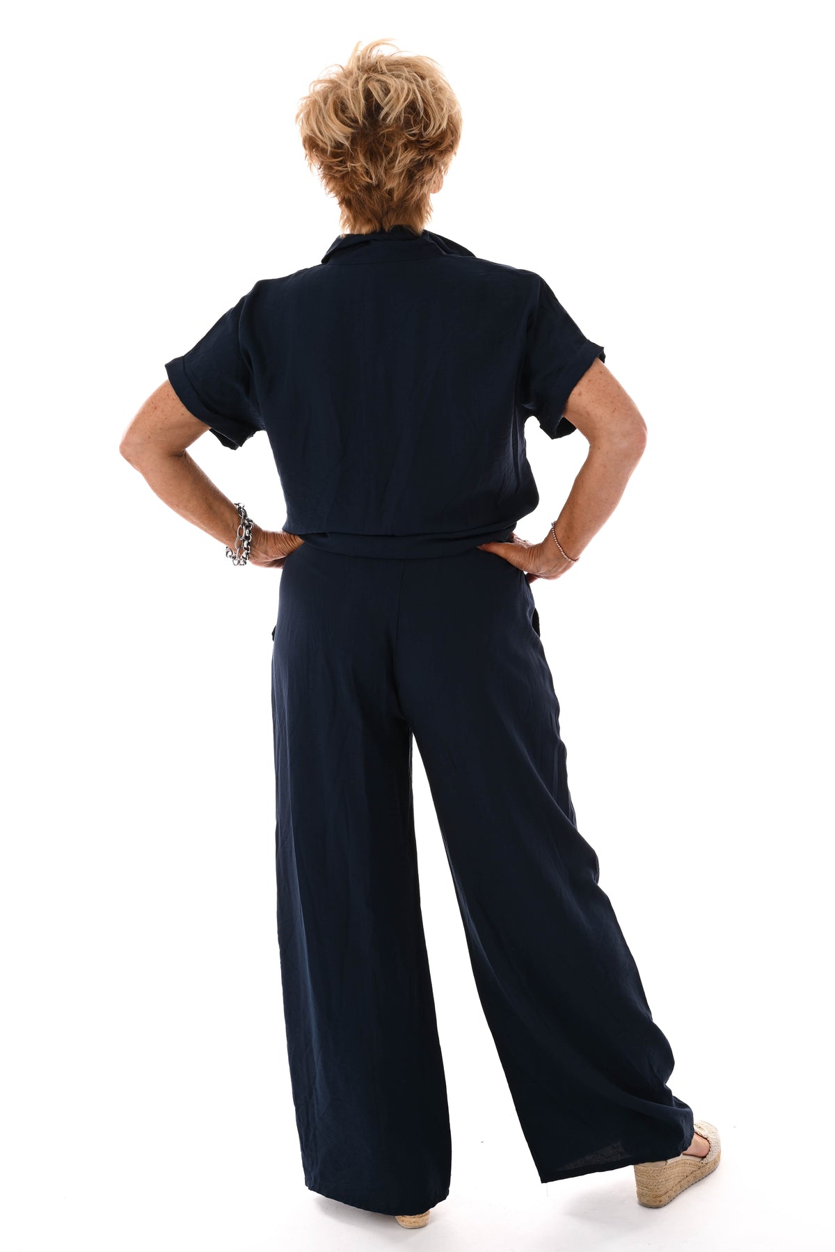 Tweedelig set doorknoop blouse marineblauw