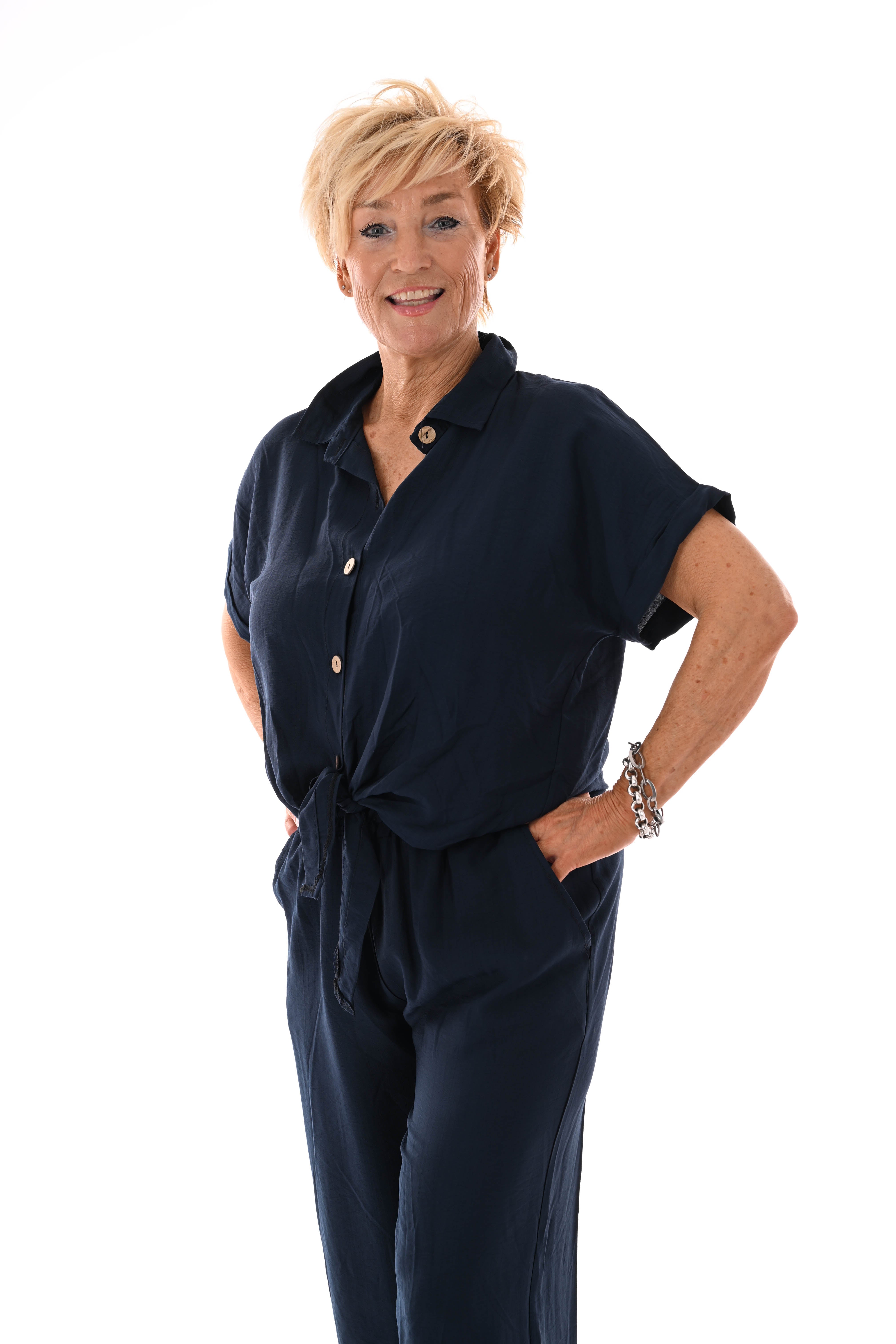 Tweedelig set doorknoop blouse marineblauw