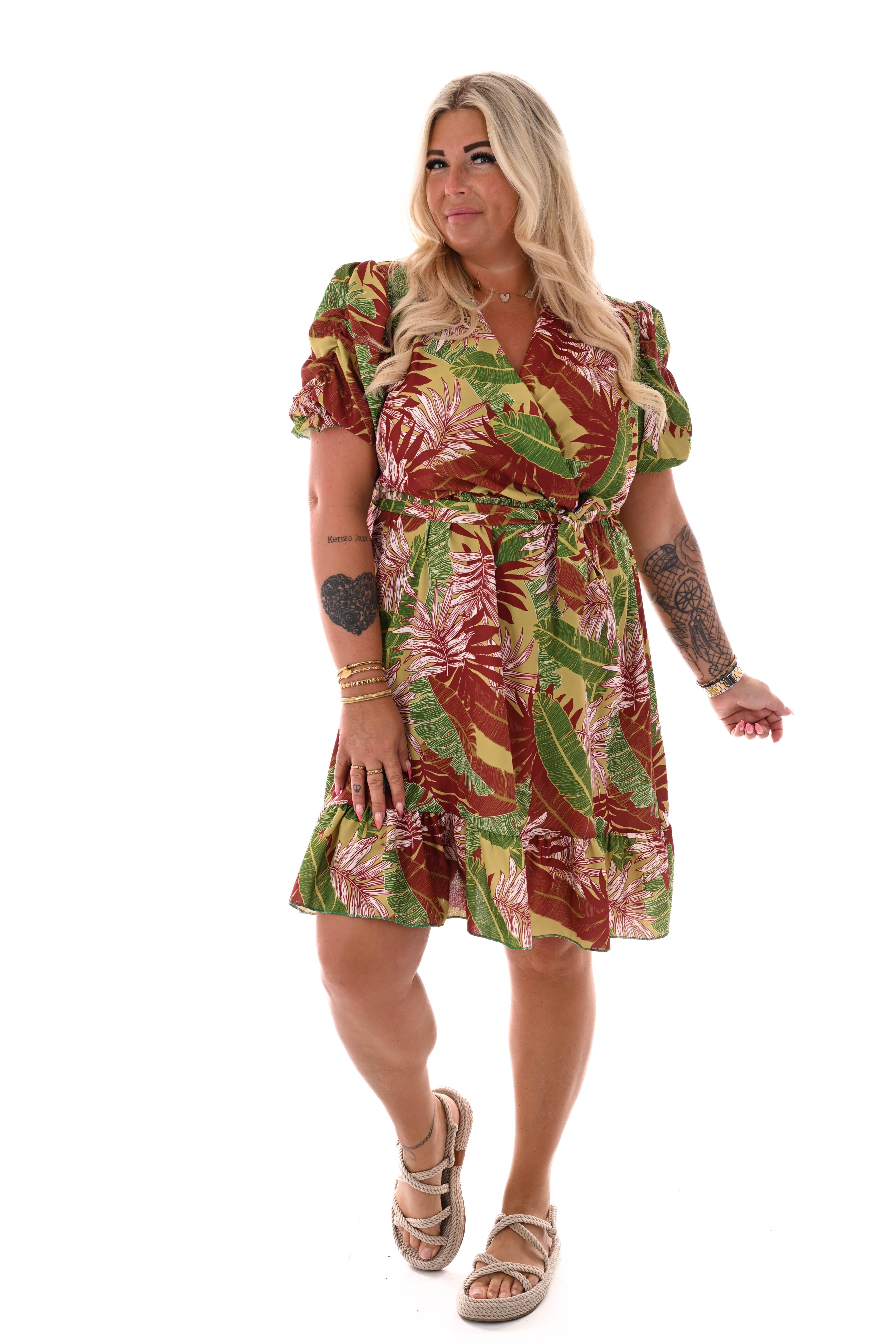 Korte jurk gedrapeerde mouwen print bladeren lime