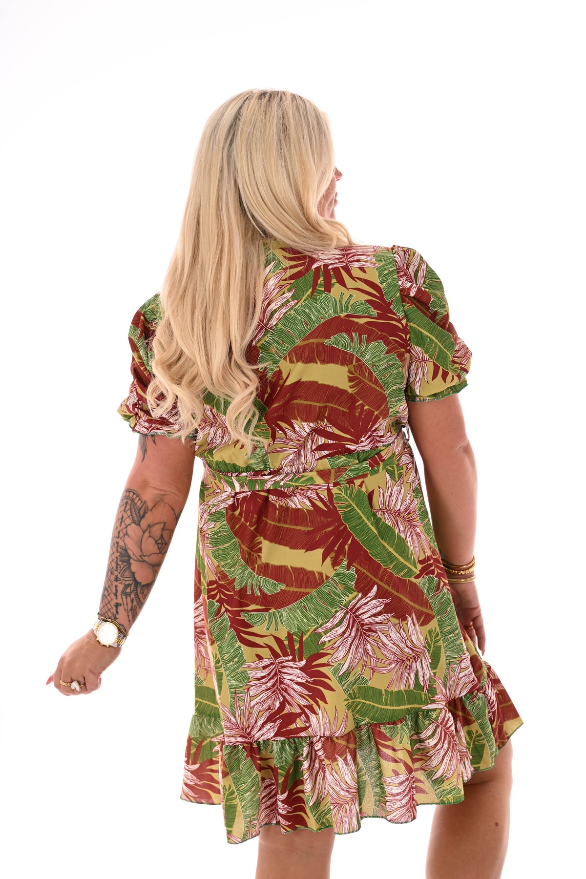 Korte jurk gedrapeerde mouwen print bladeren lime