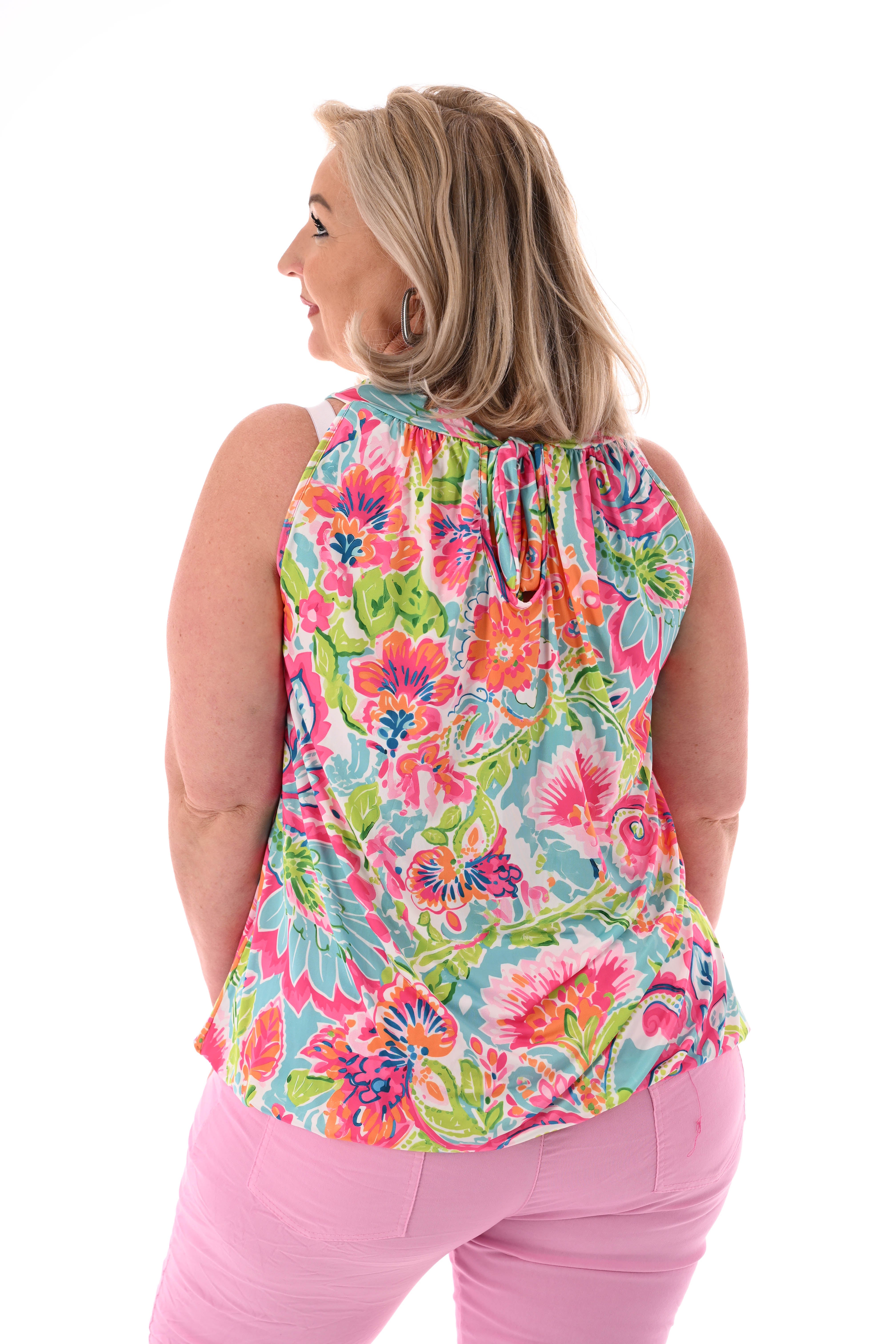 Halter top print fuchsia/groen