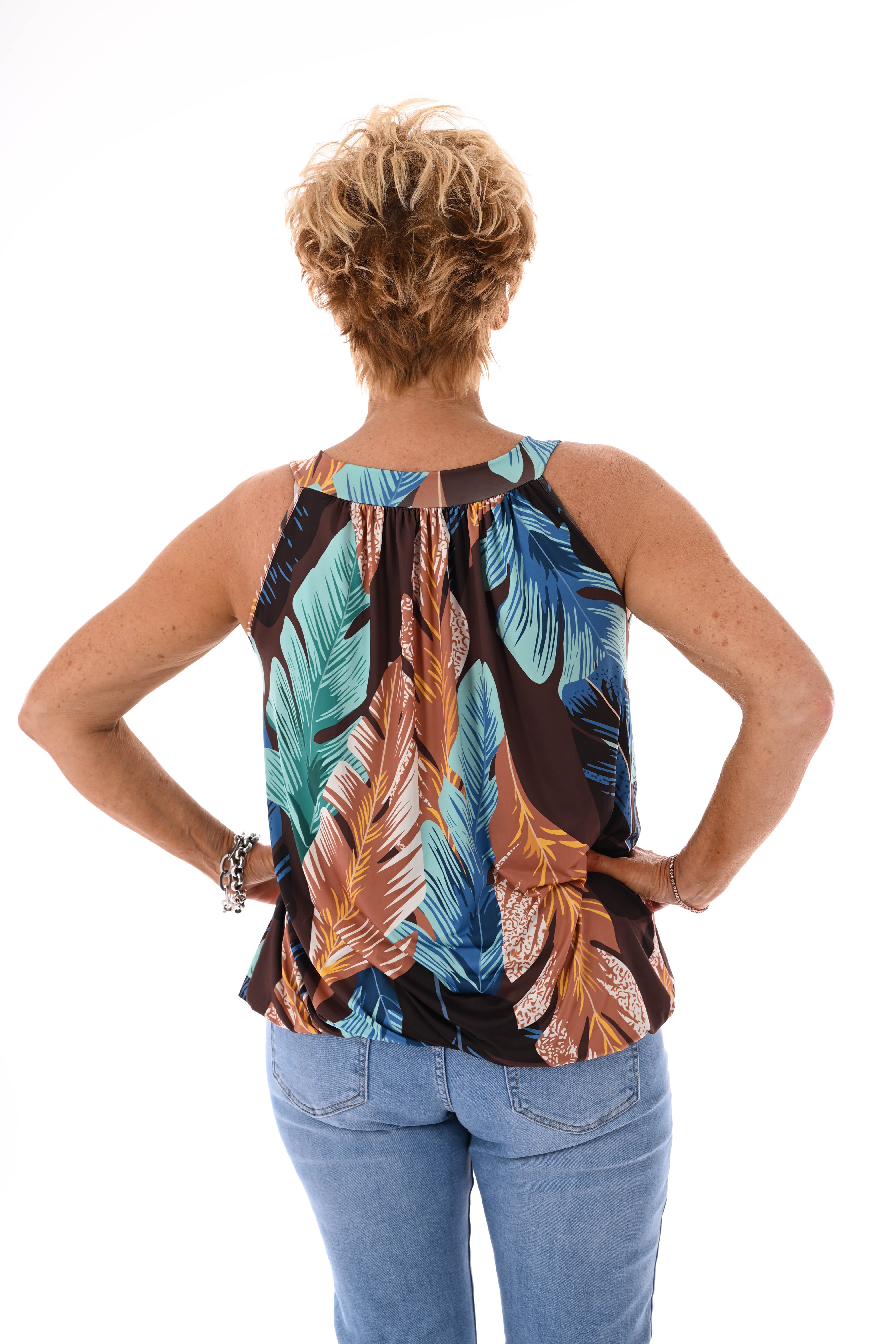 Halter top print blad bruin/blauw