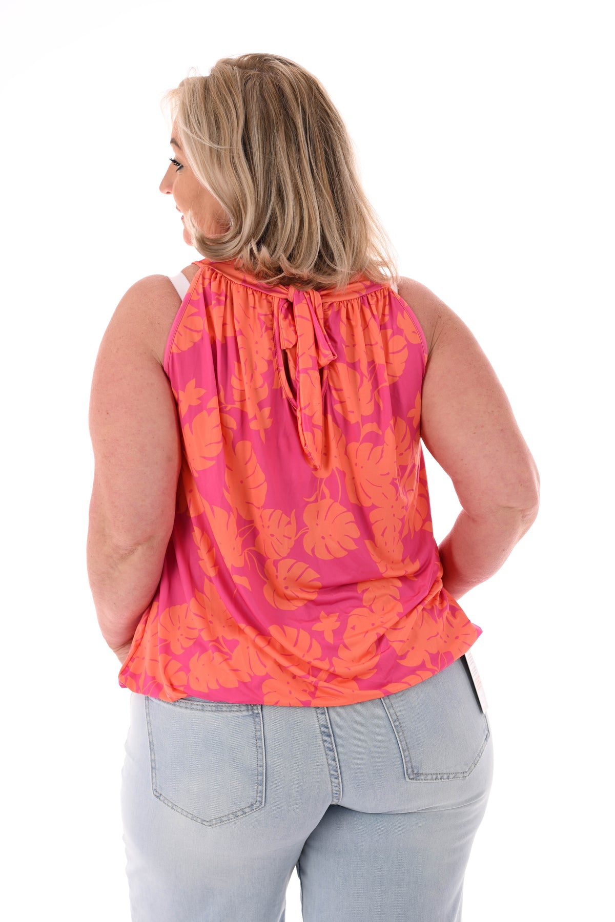 Halter top print blad fuchsia/oranje