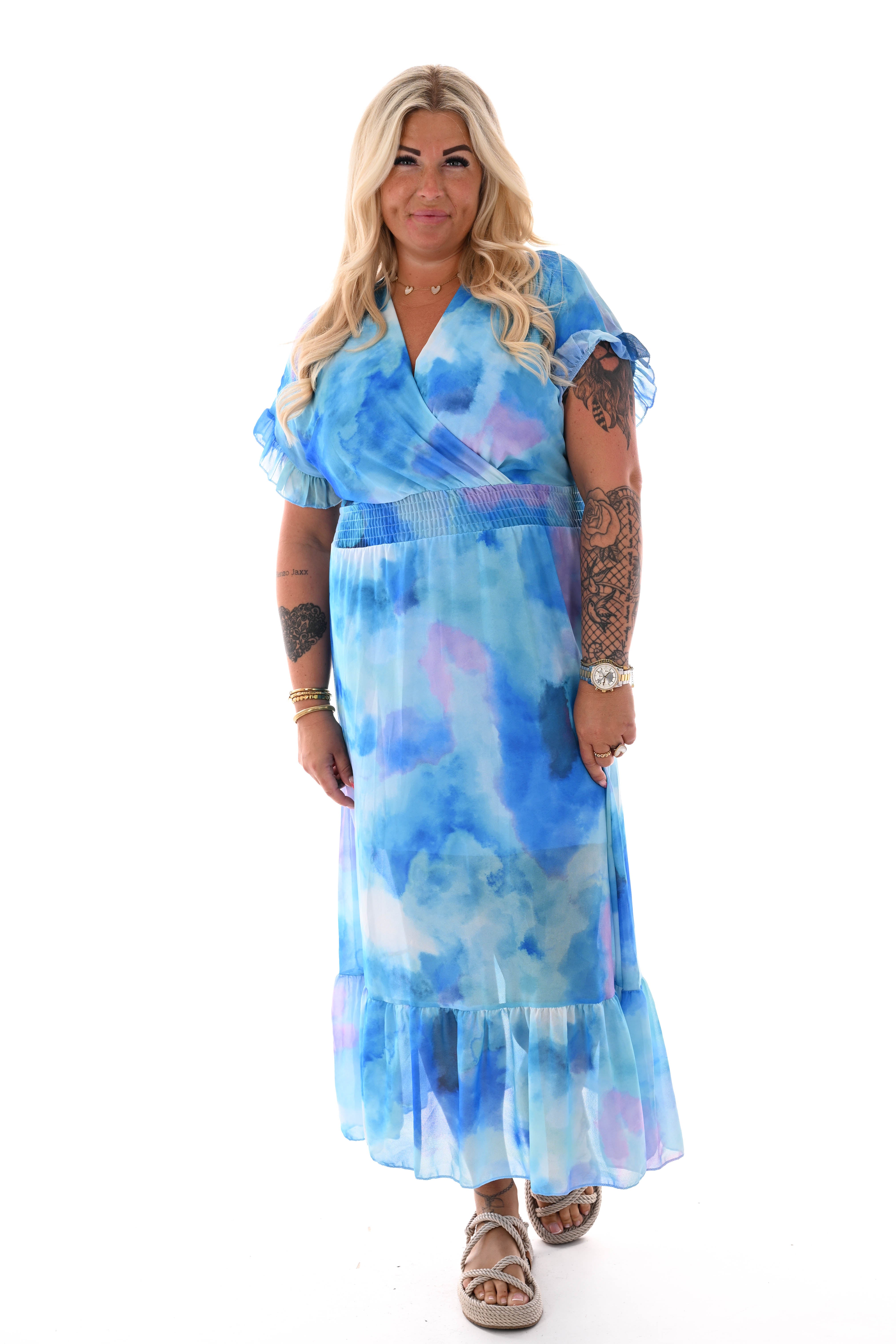 Maxi roezel jurk v-hals print aquarel blauw