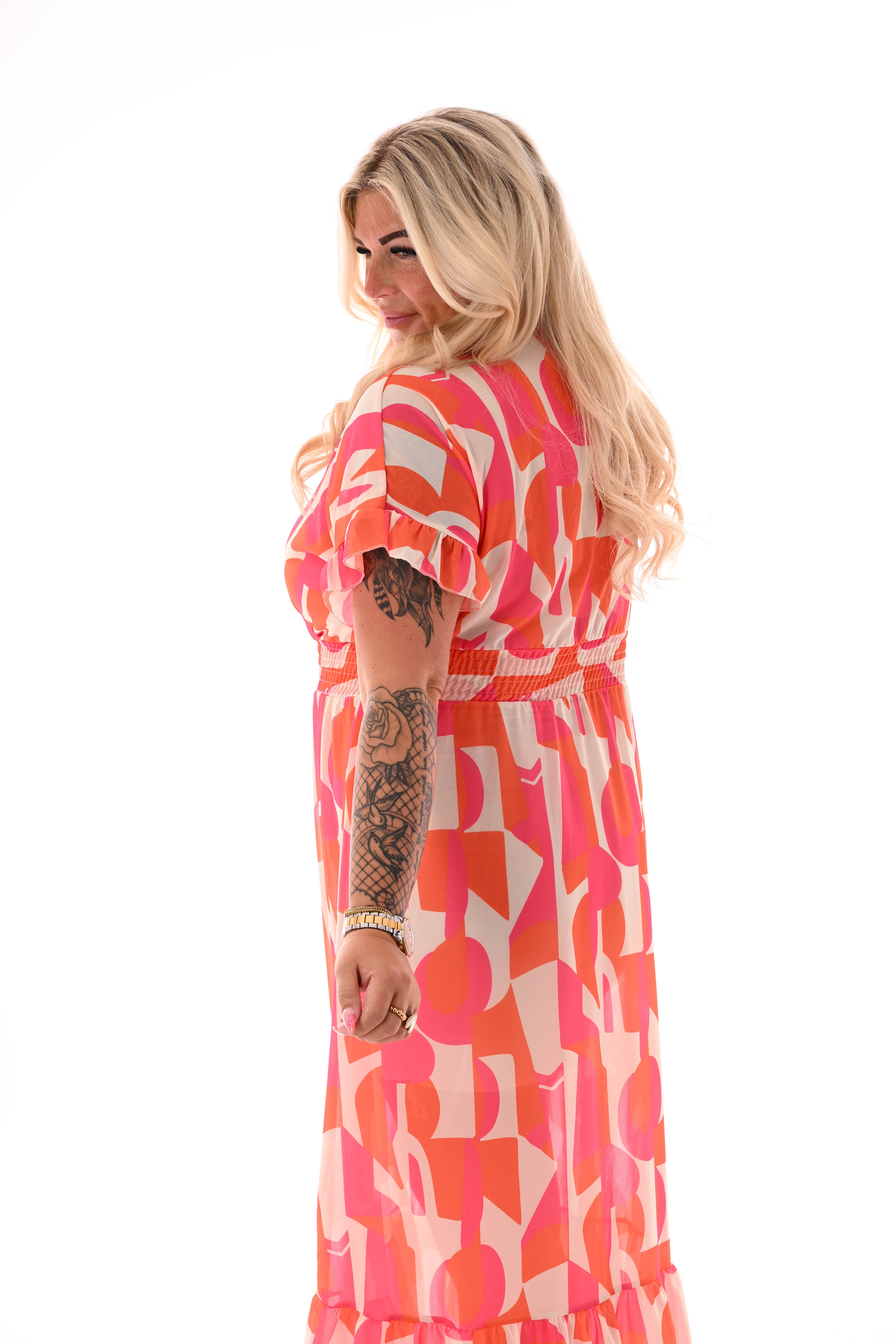 Maxi roezel jurk v-hals print retro oranje/roze