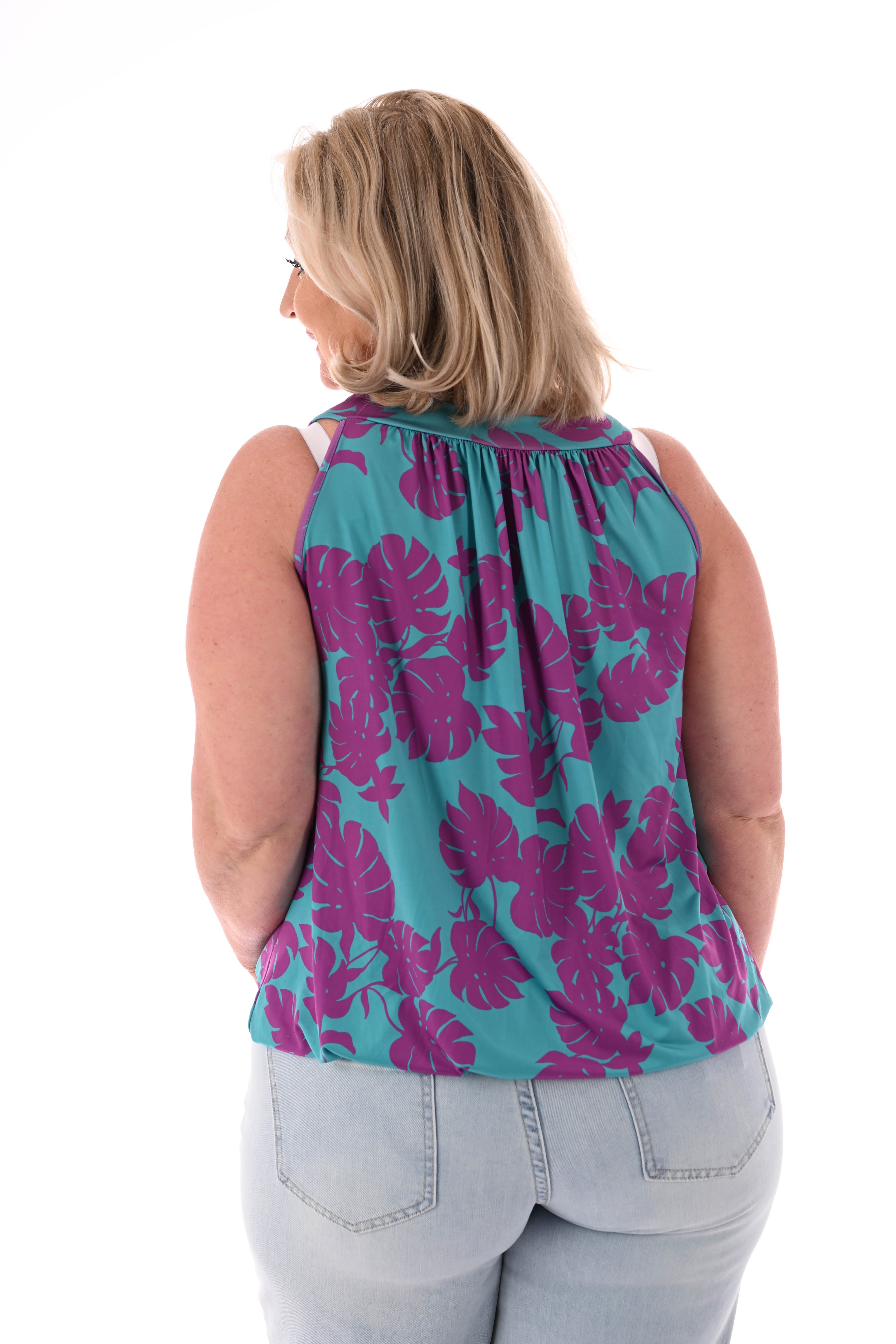 Halter top print blad turquoise/paars