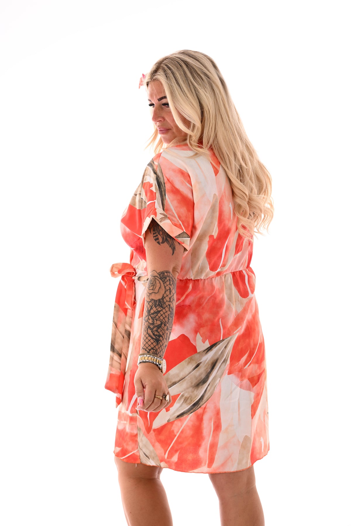 Korte overslag jurk print blad oranje/beige