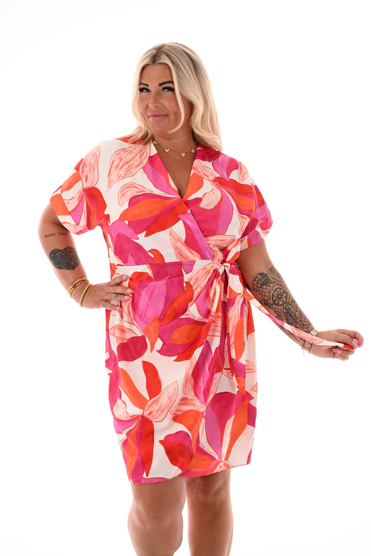Korte overslag jurk print blad fuchsia/rood