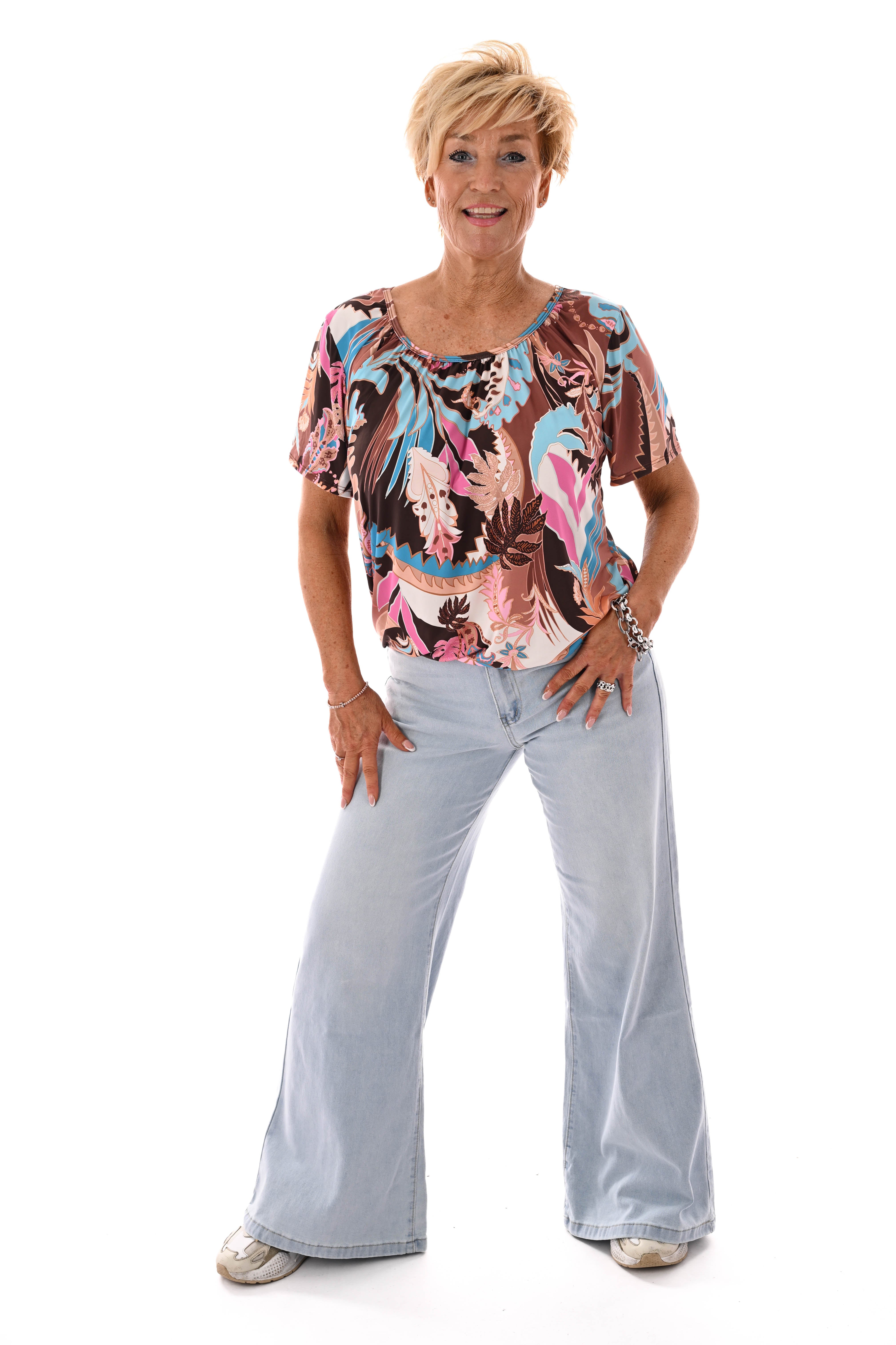 Ballon top print bloemblad bruin/blauw