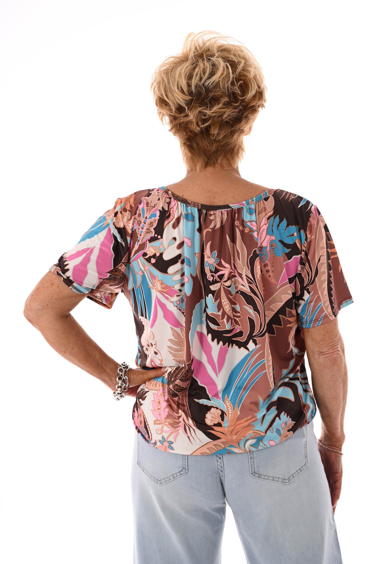 Ballon top print bloemblad bruin/blauw