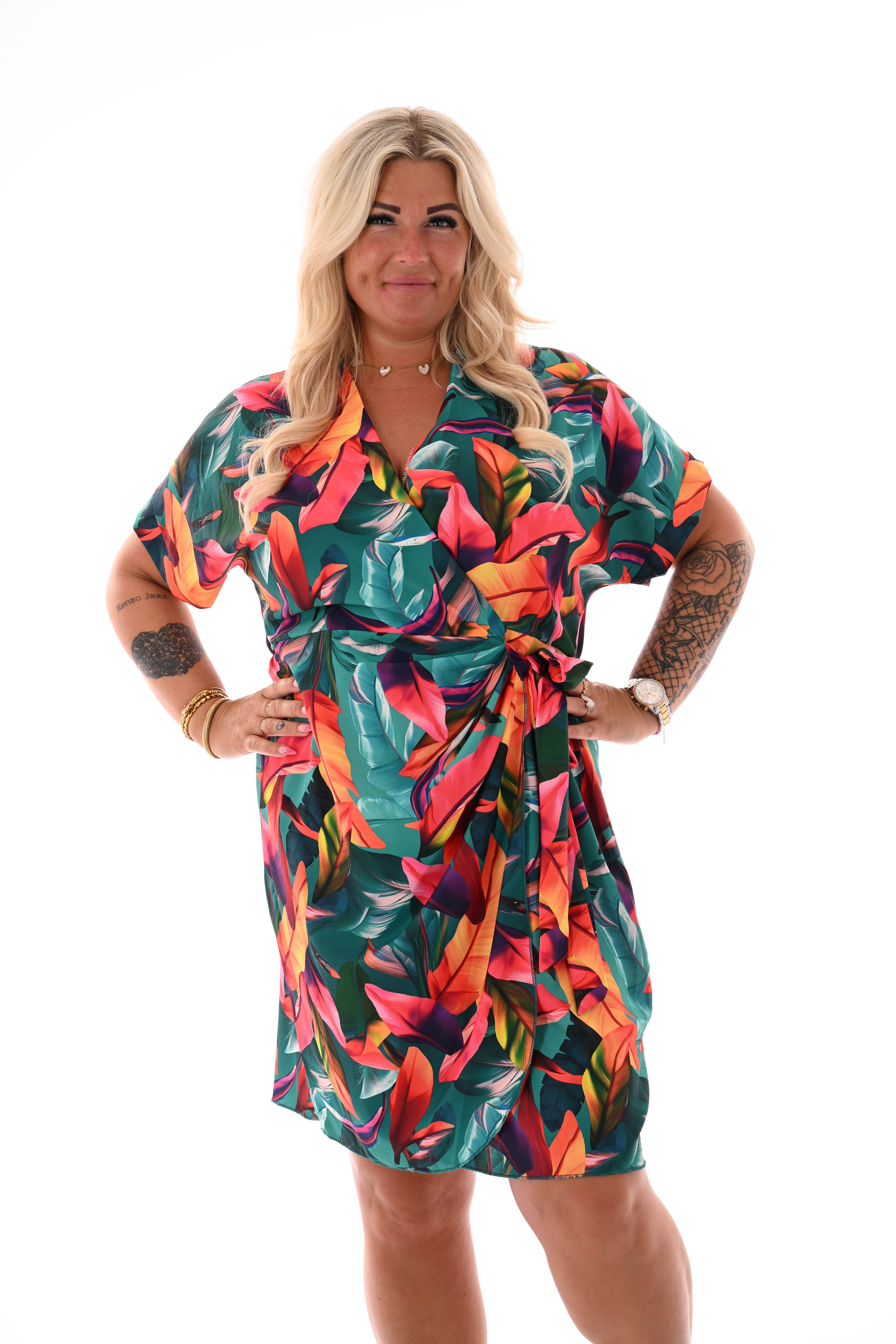 Korte overslag jurk print blad groen/oranje