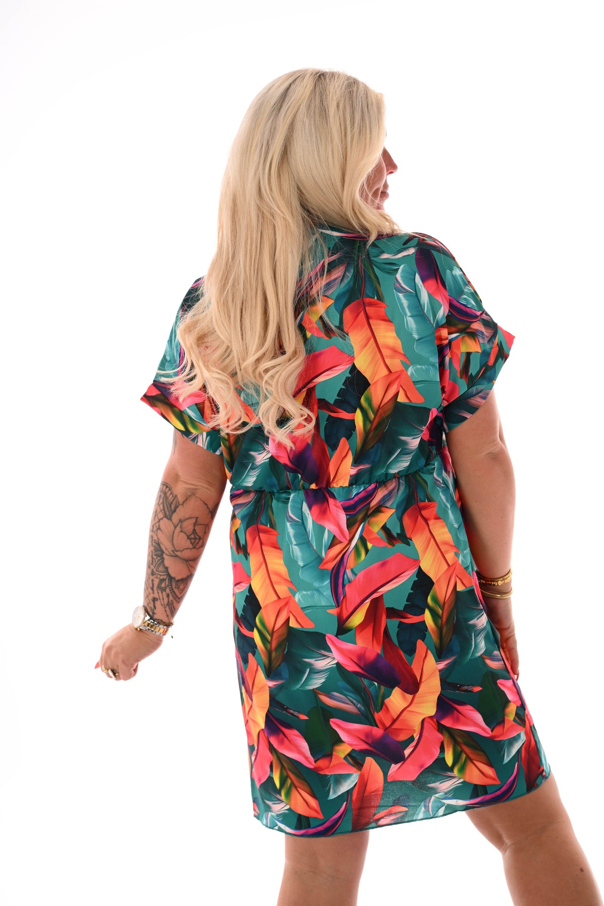 Korte overslag jurk print blad groen/oranje