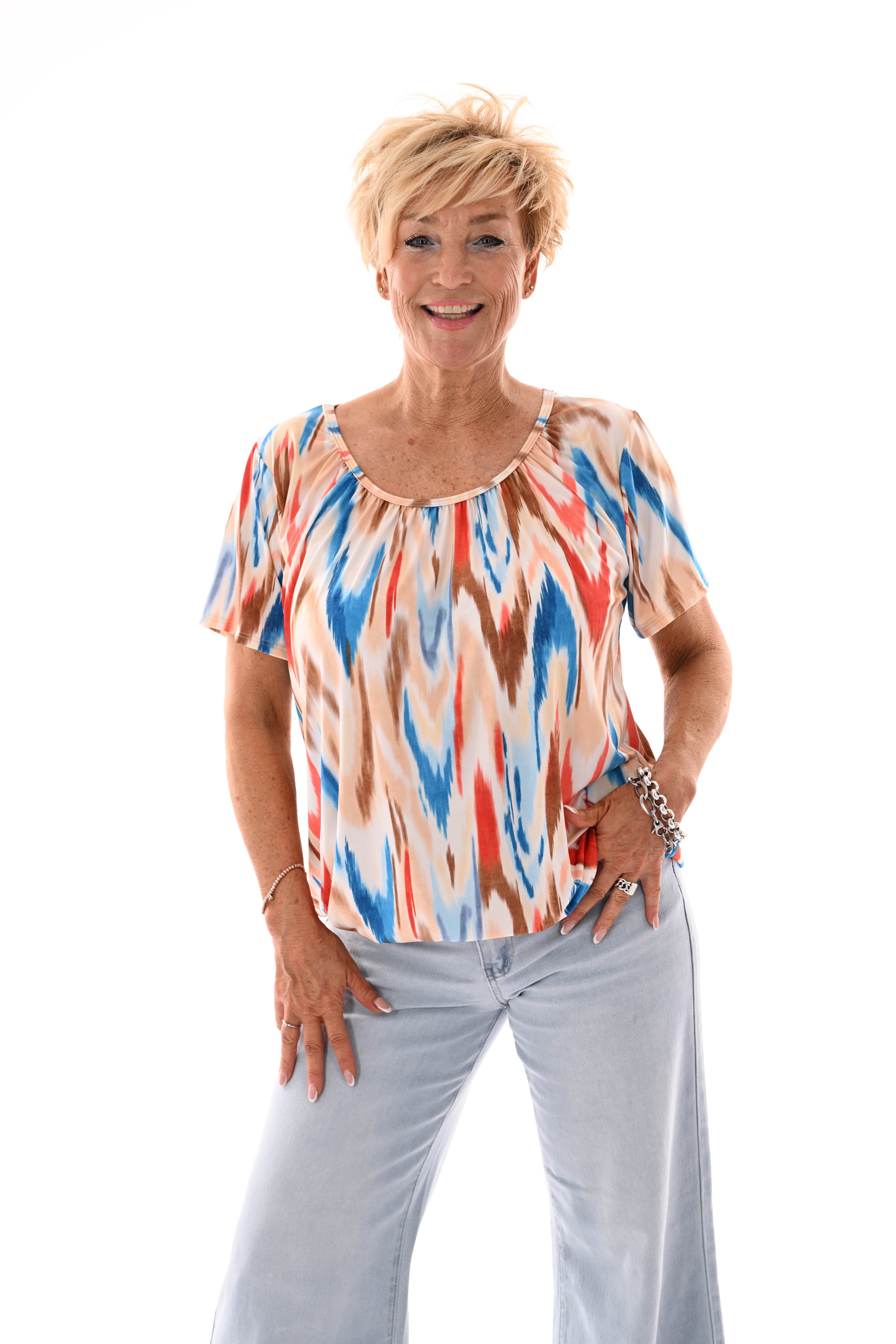 Ballon top print blauw/lichtbruin