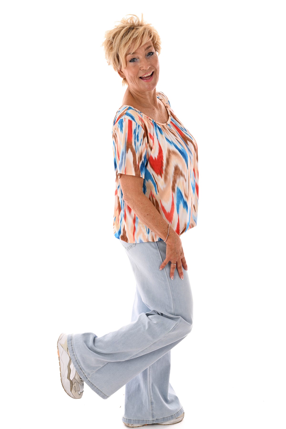 Ballon top print blauw/lichtbruin