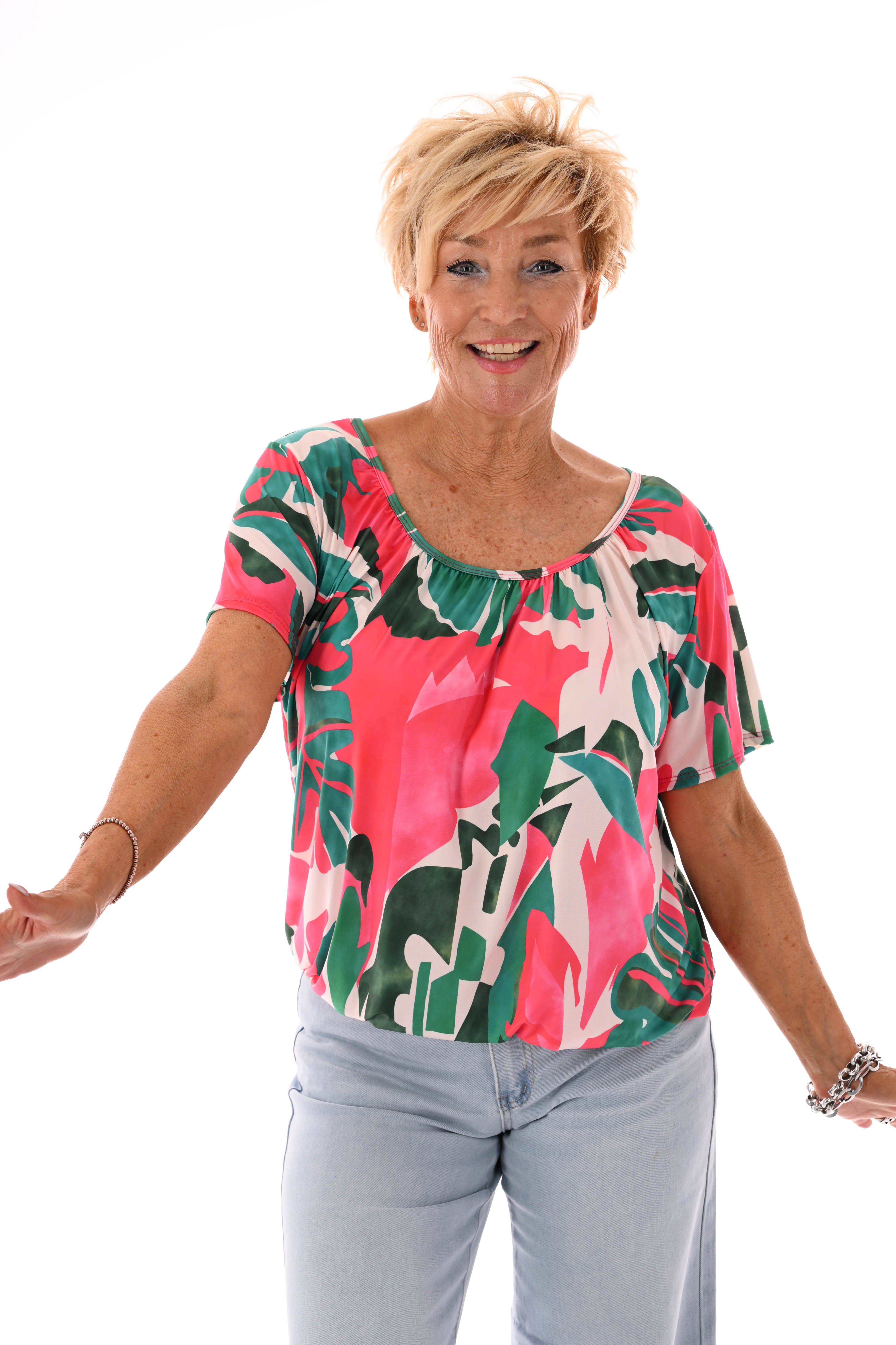 Ballon top print blad groen/fuchsia