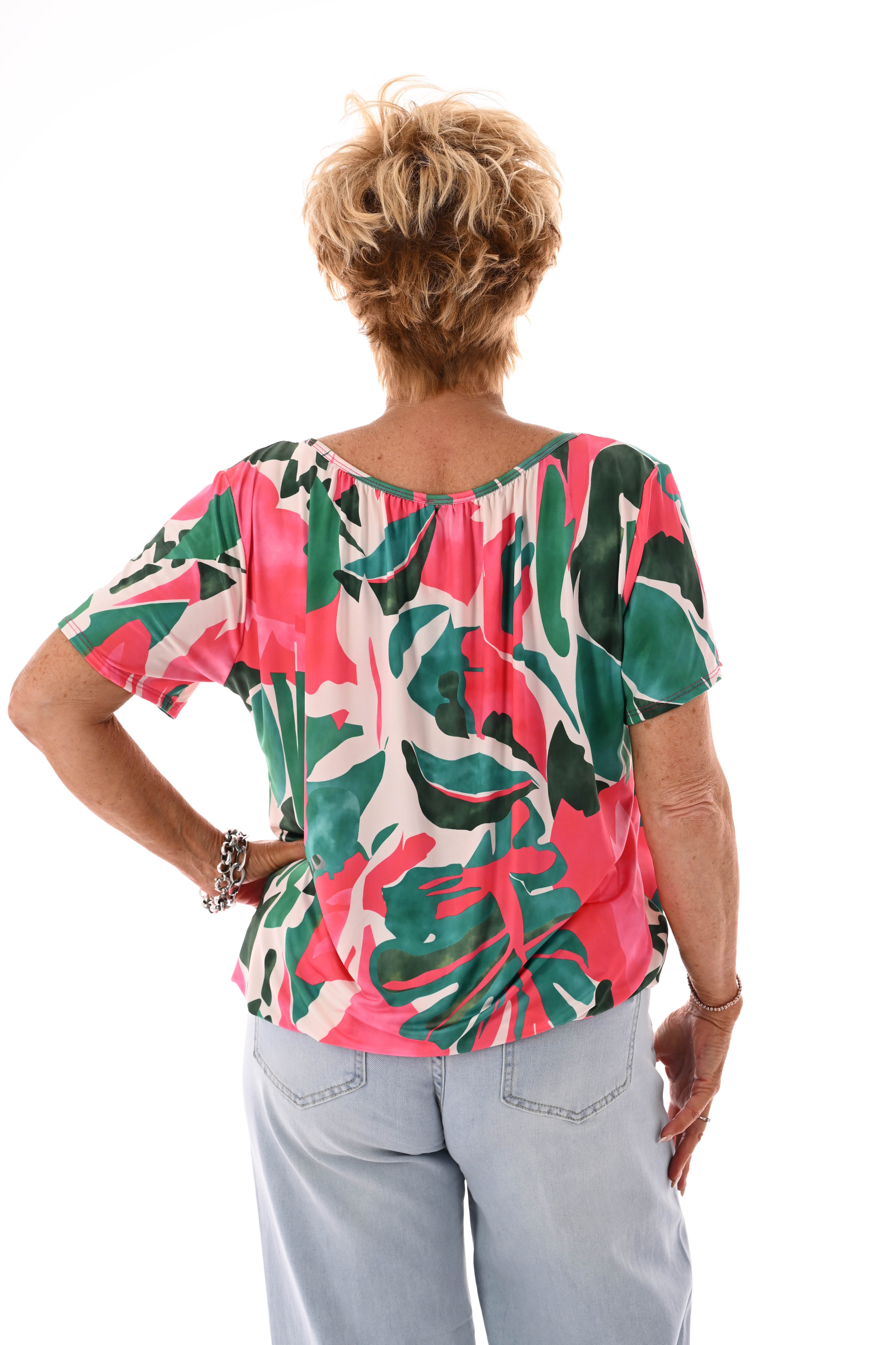 Ballon top print blad groen/fuchsia