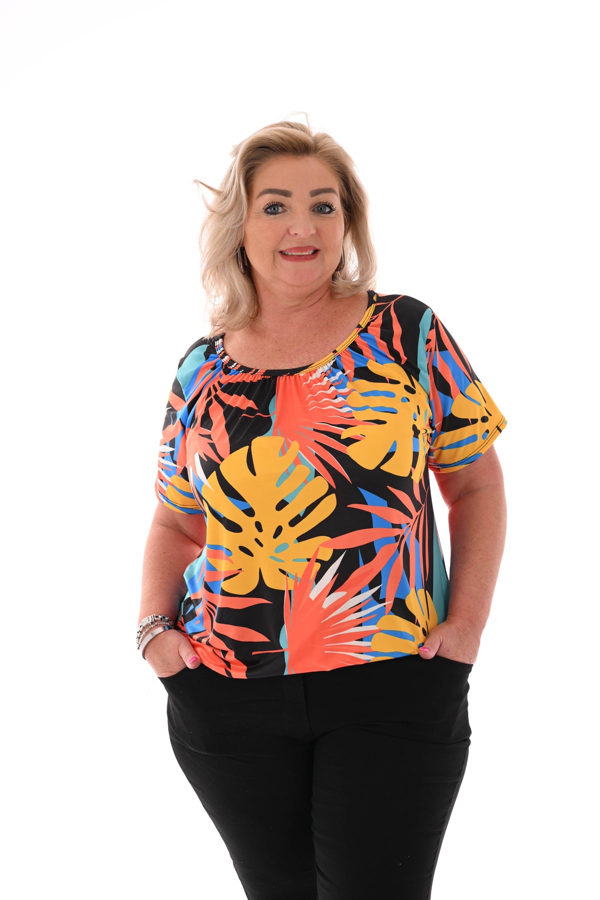 Ballon top print blad zwart