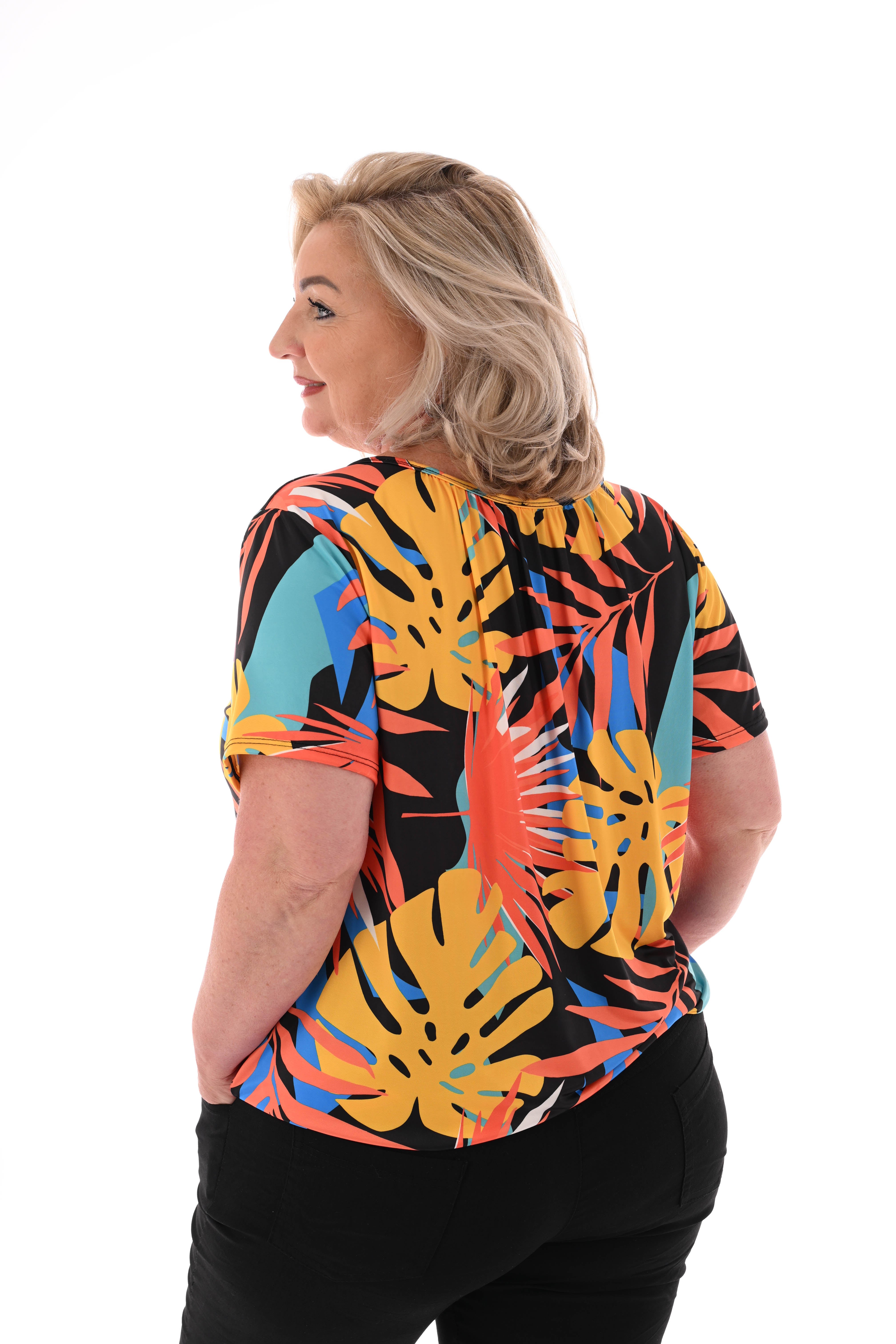 Ballon top print blad zwart