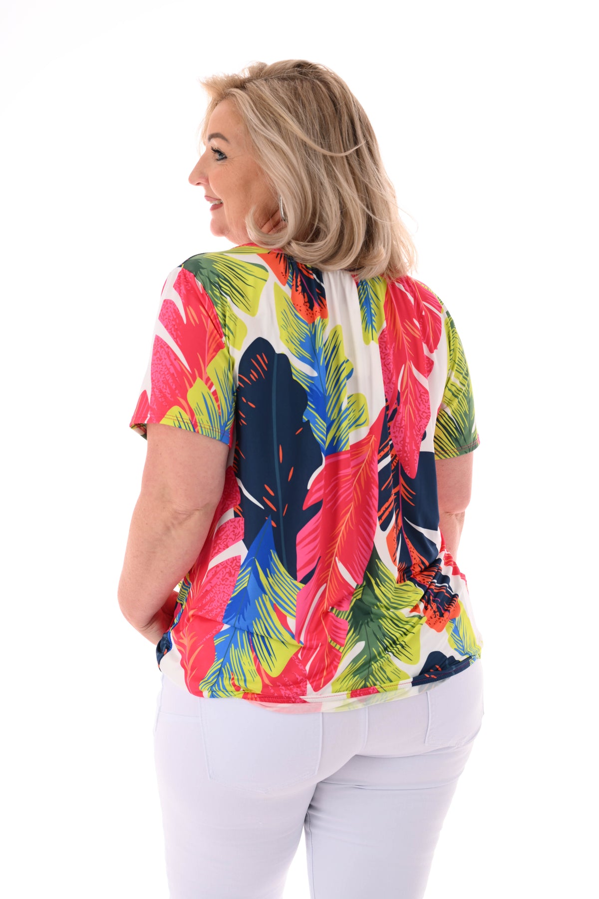 Ballon top print blad marineblauw/fuchsia