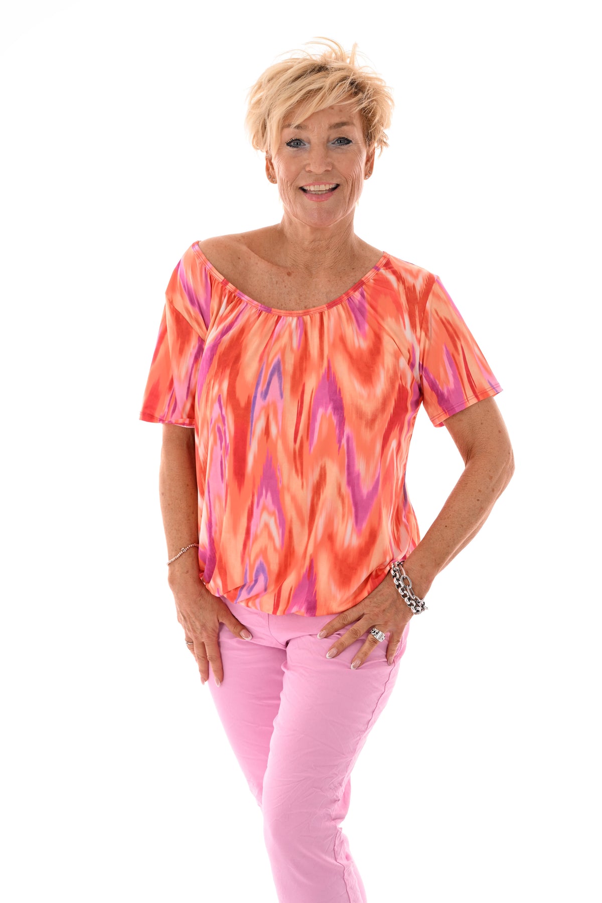 Ballon top print oranje/fuchsia