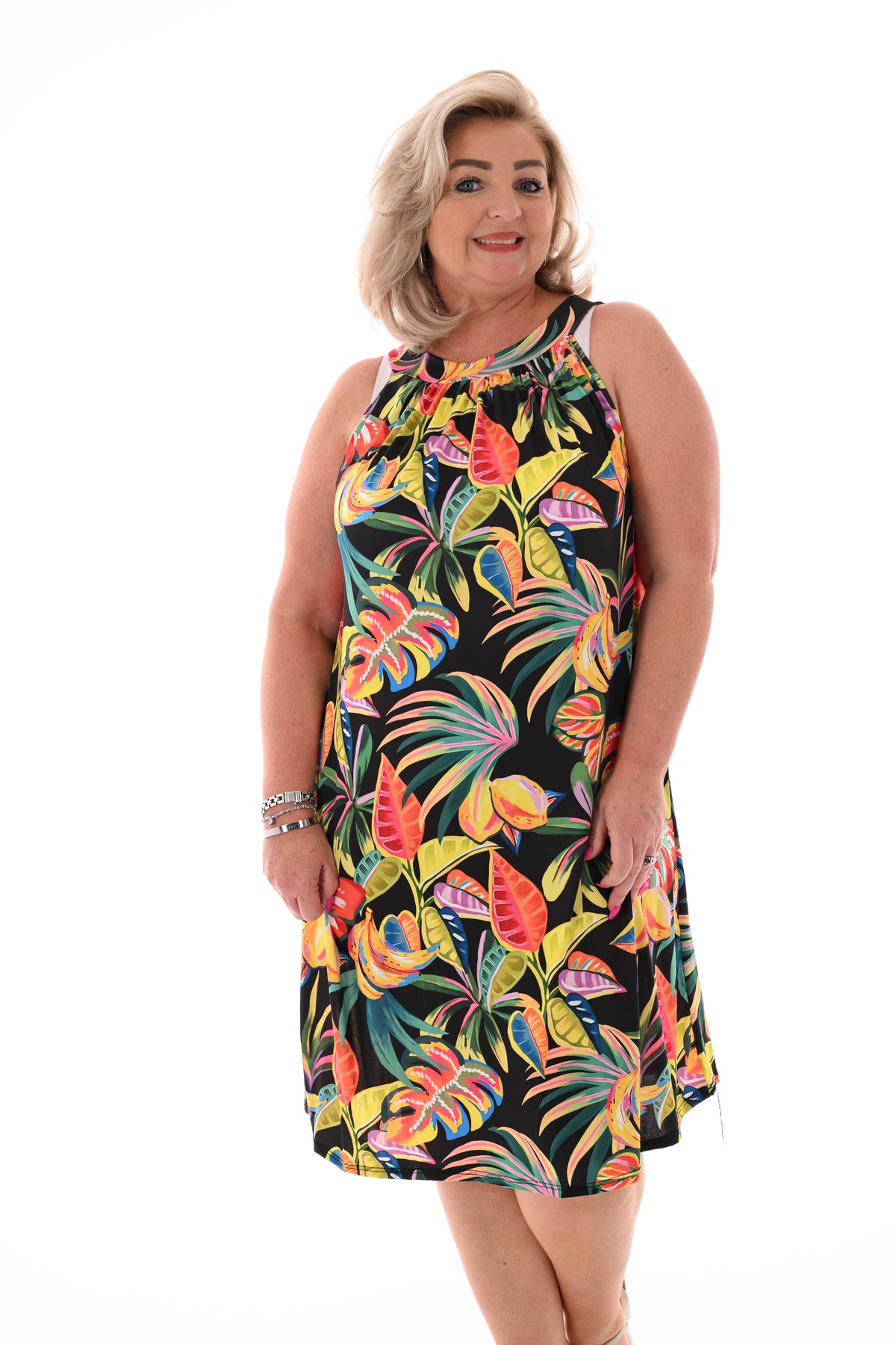 Halter jurk print blad zwart