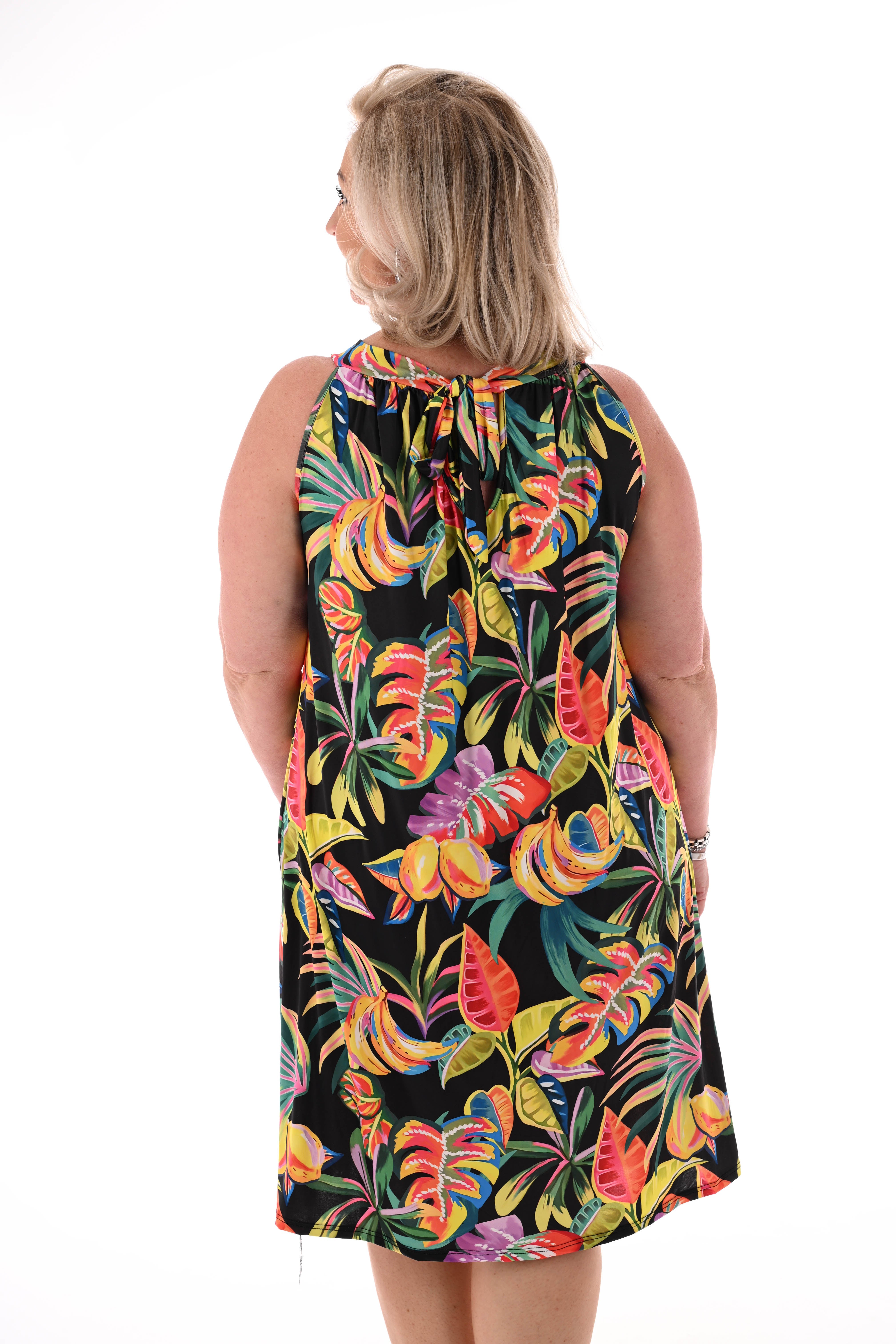 Halter jurk print blad zwart