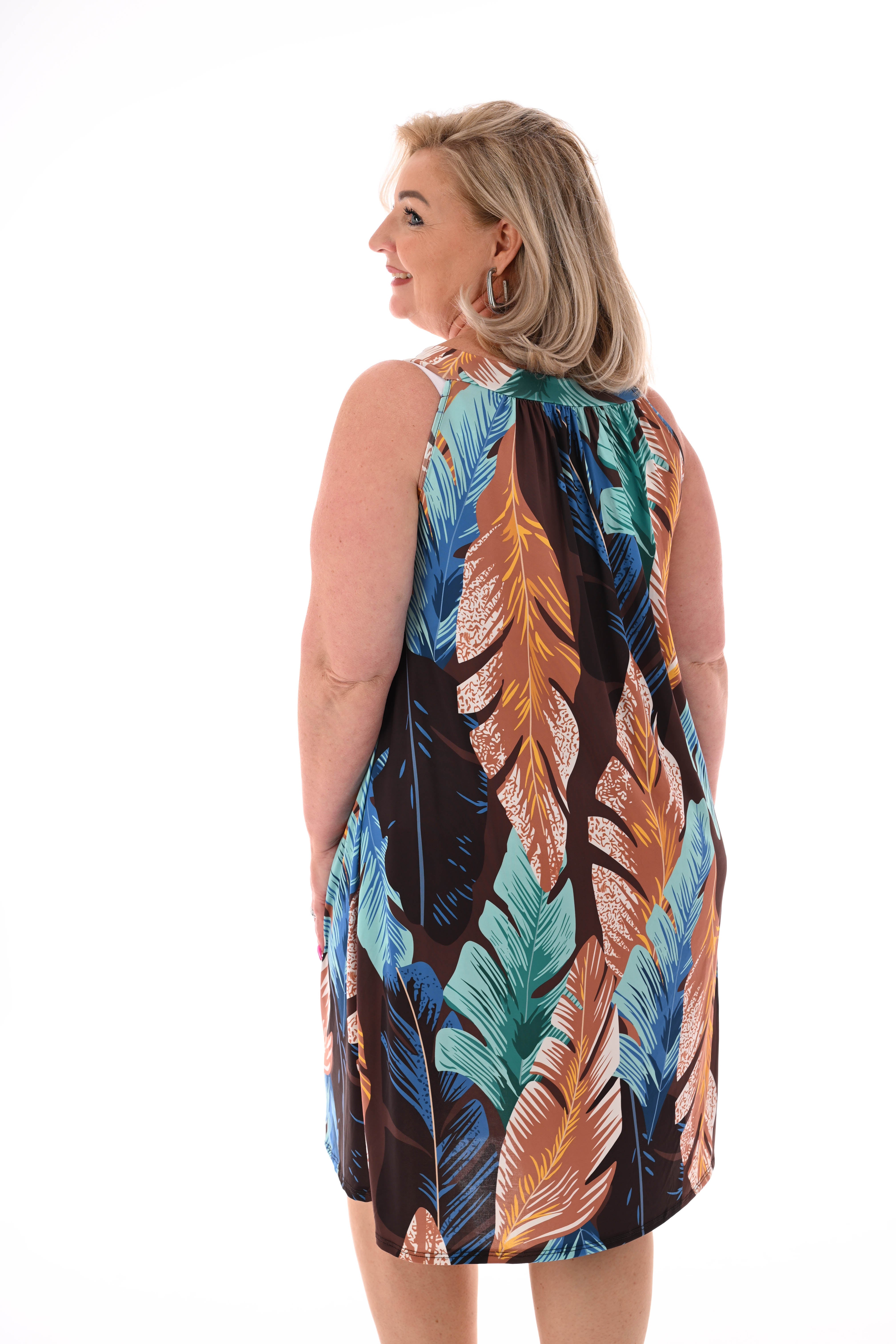 Halter jurk print blad bruin/blauw