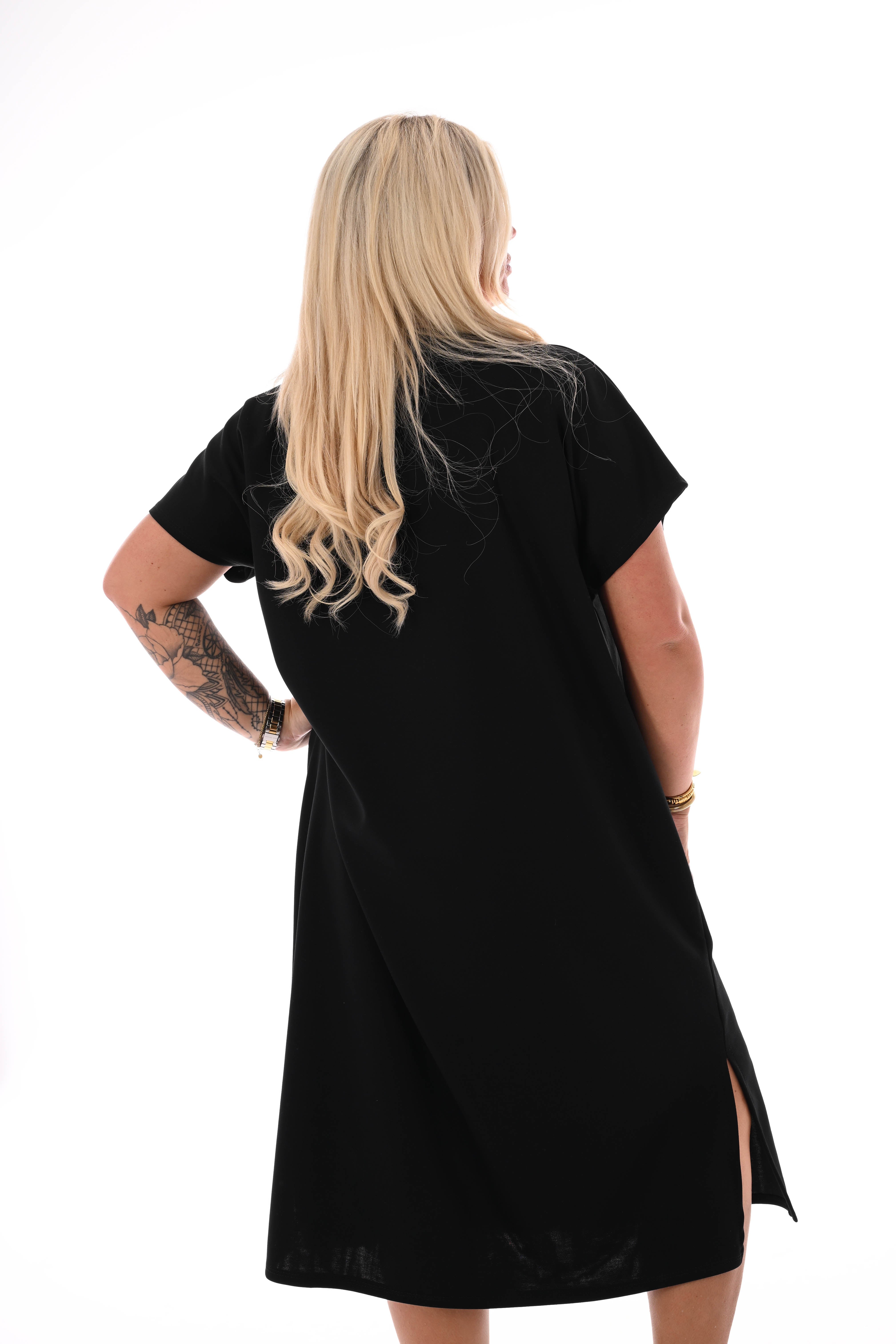 Sweaterdress v-hals kapmouwen uni zwart