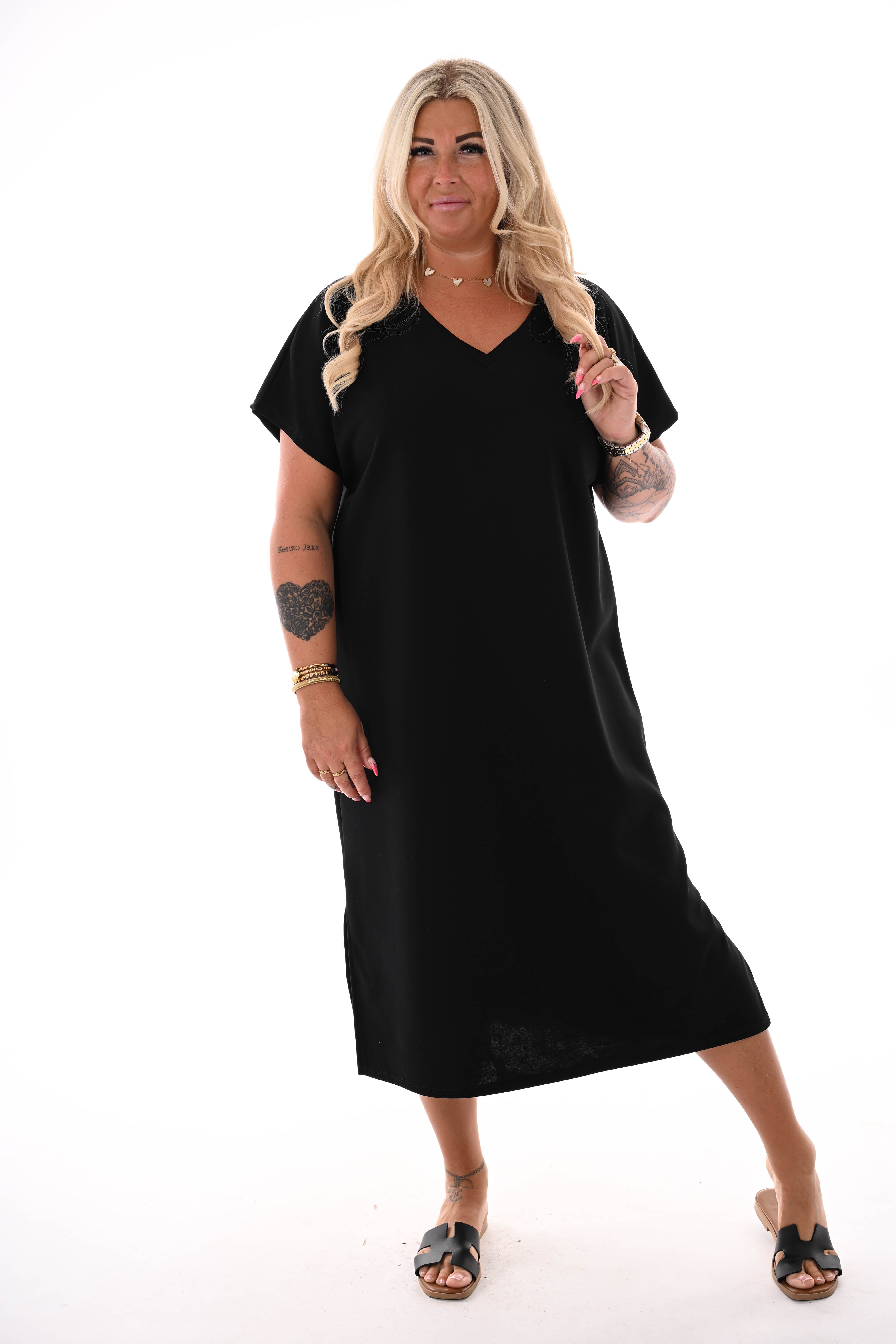 Sweaterdress v-hals kapmouwen uni zwart