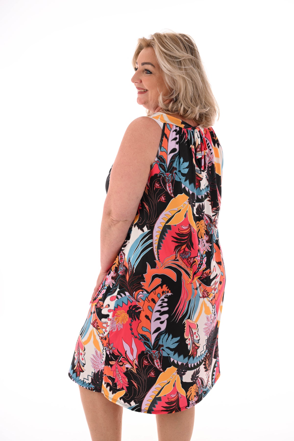 Halter jurk print bloemblad zwart/koraal
