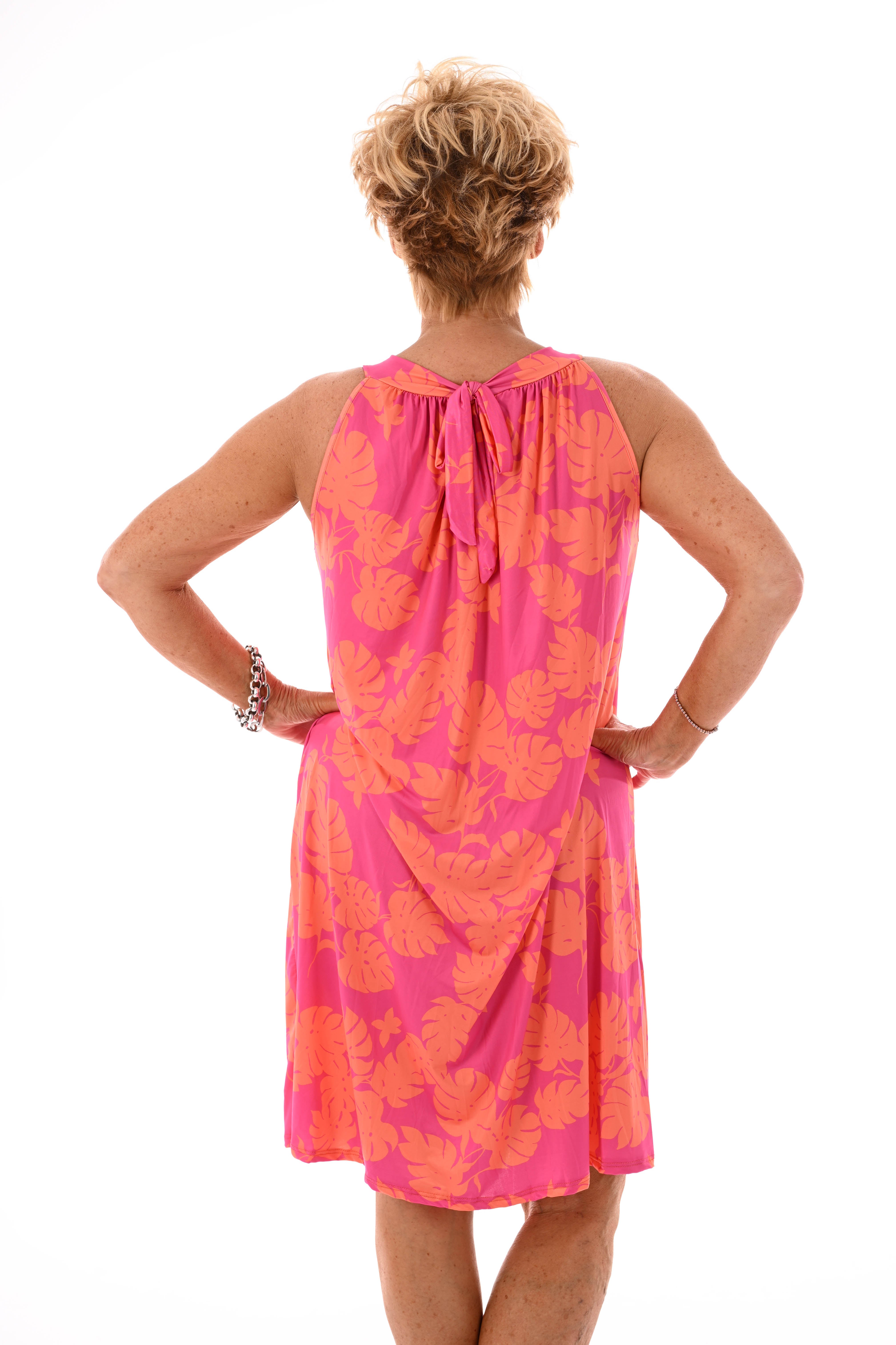 Halter jurk print blad fuchsia/oranje