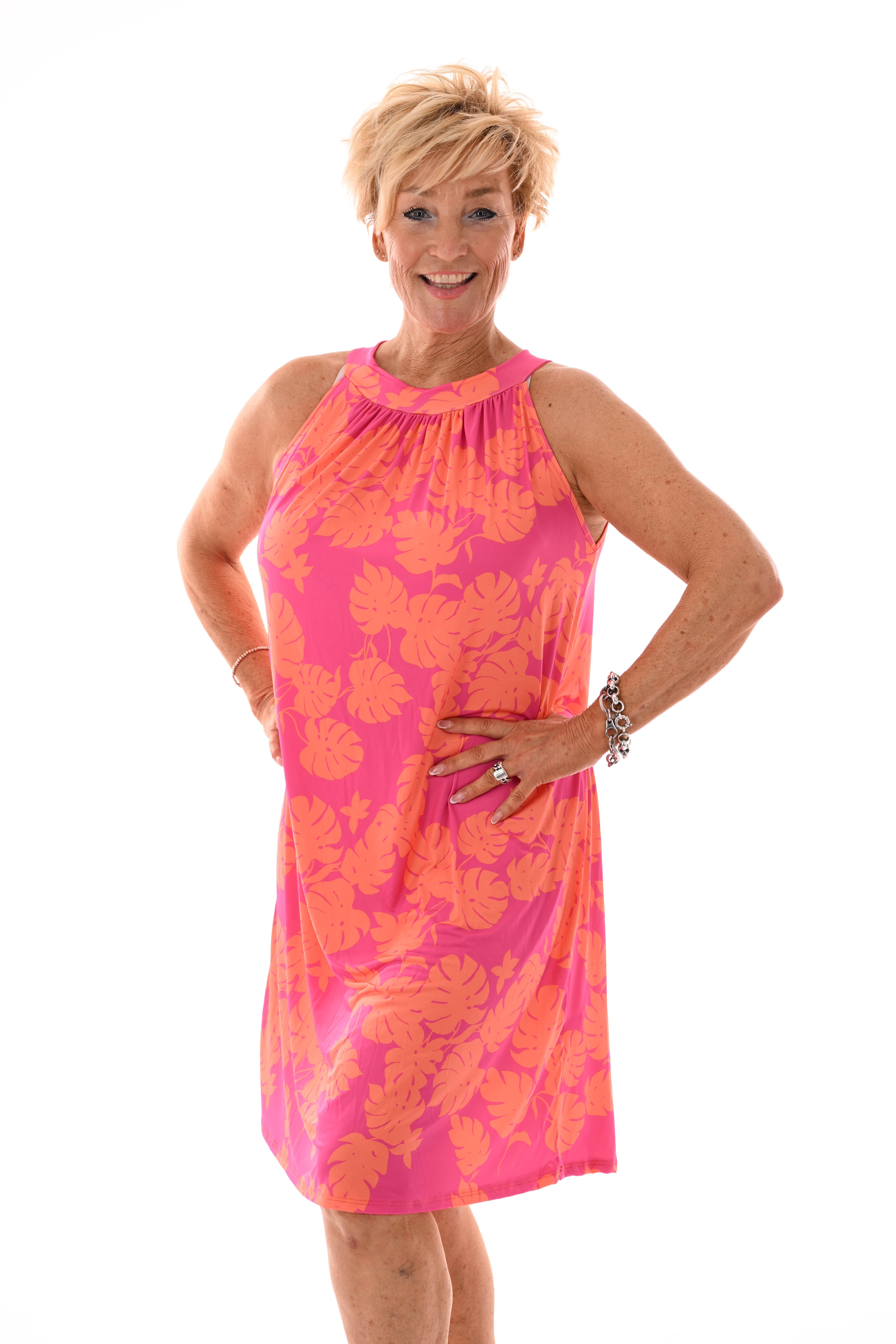 Halter jurk print blad fuchsia/oranje