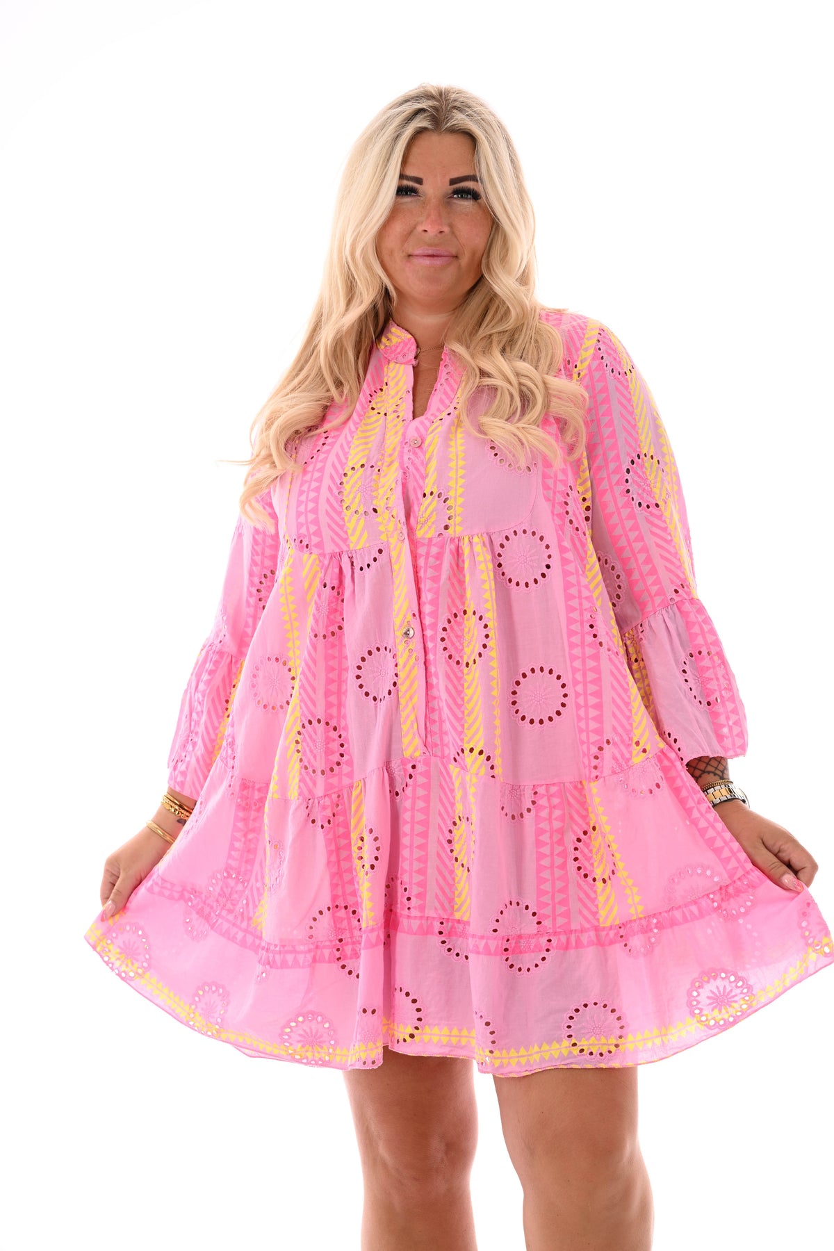 Tuniek broderie bloemen met v-hals roze/geel