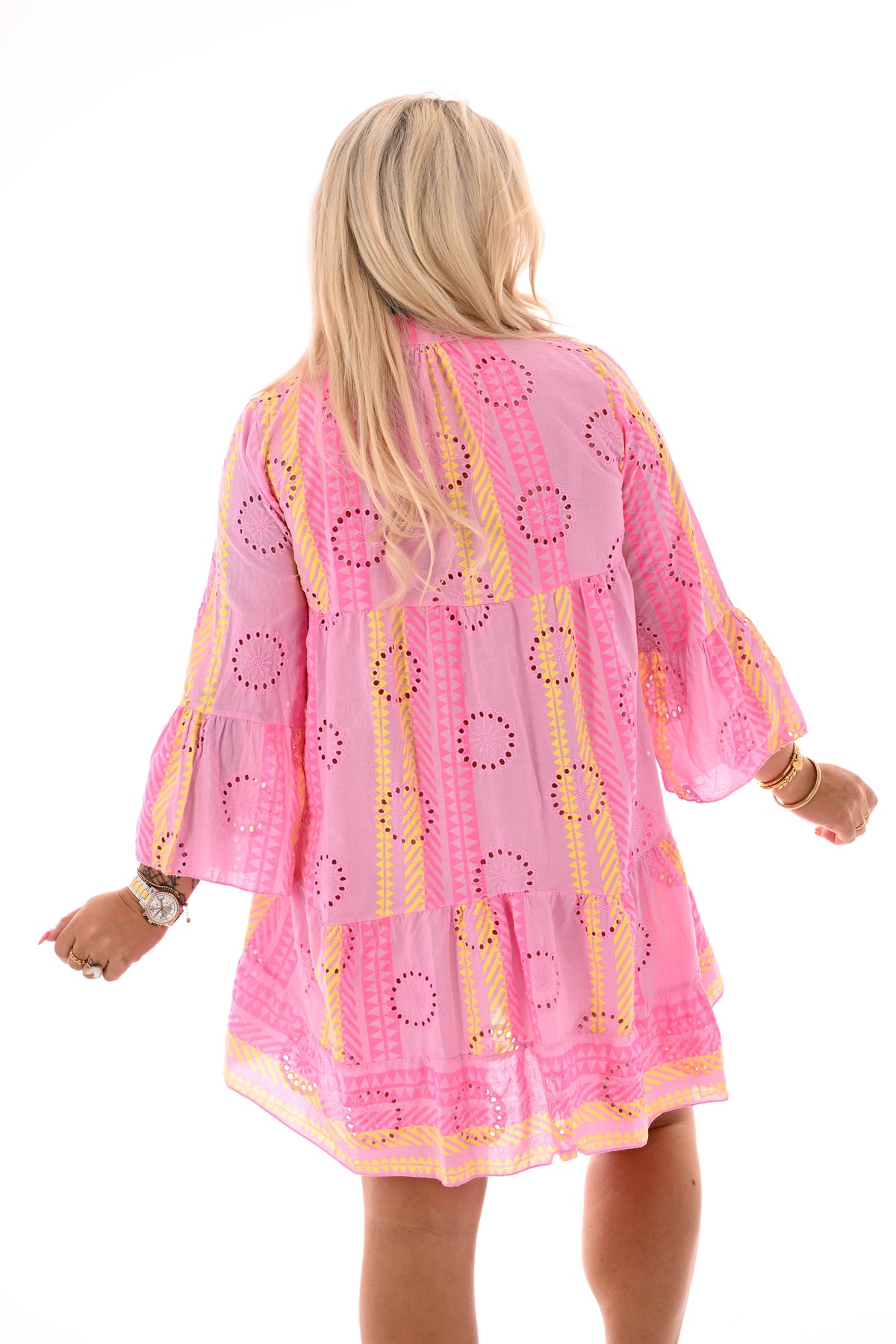 Tuniek broderie bloemen met v-hals roze/geel