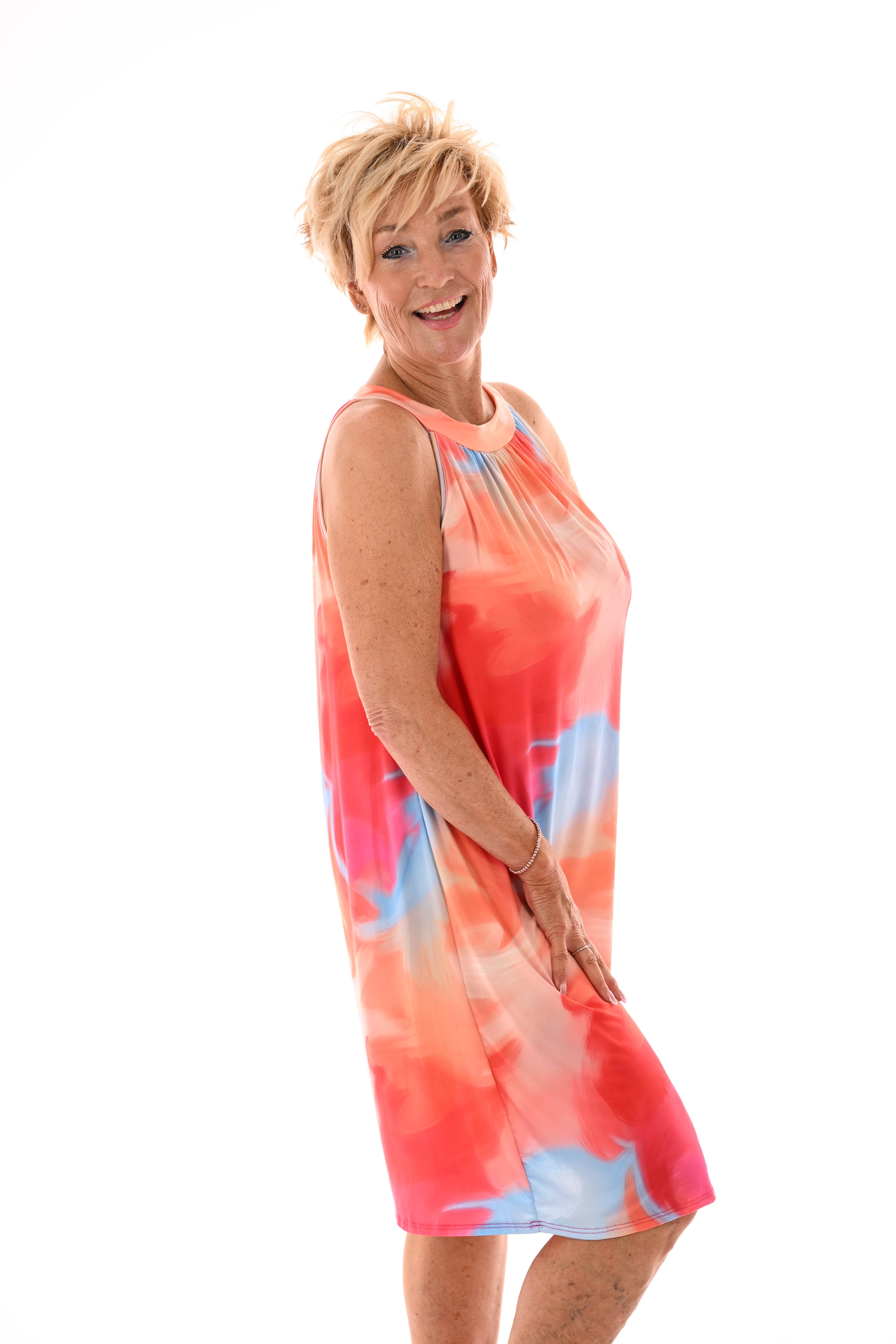 Halter jurk print tie-dye oranje/fuchsia