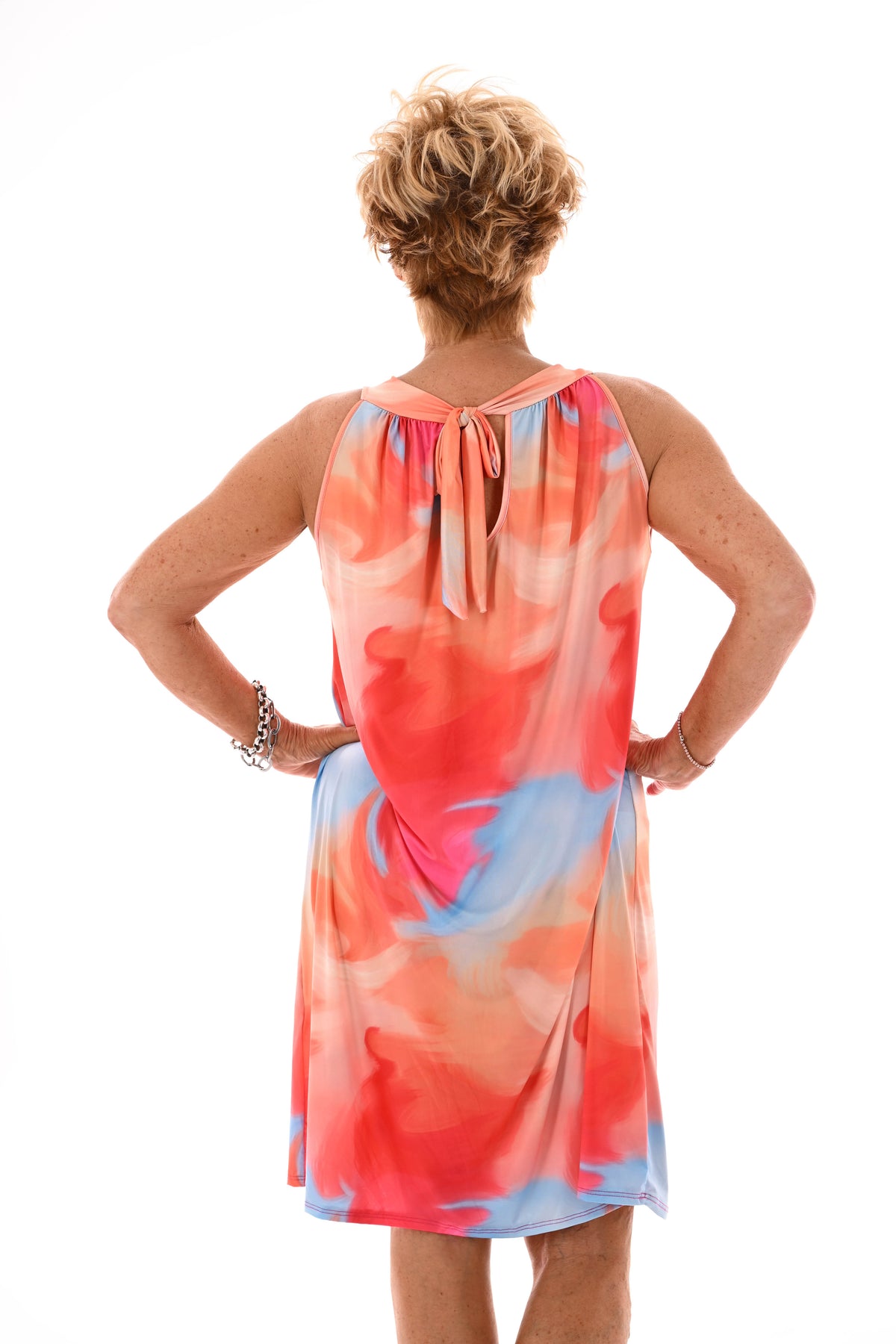 Halter jurk print tie-dye oranje/fuchsia